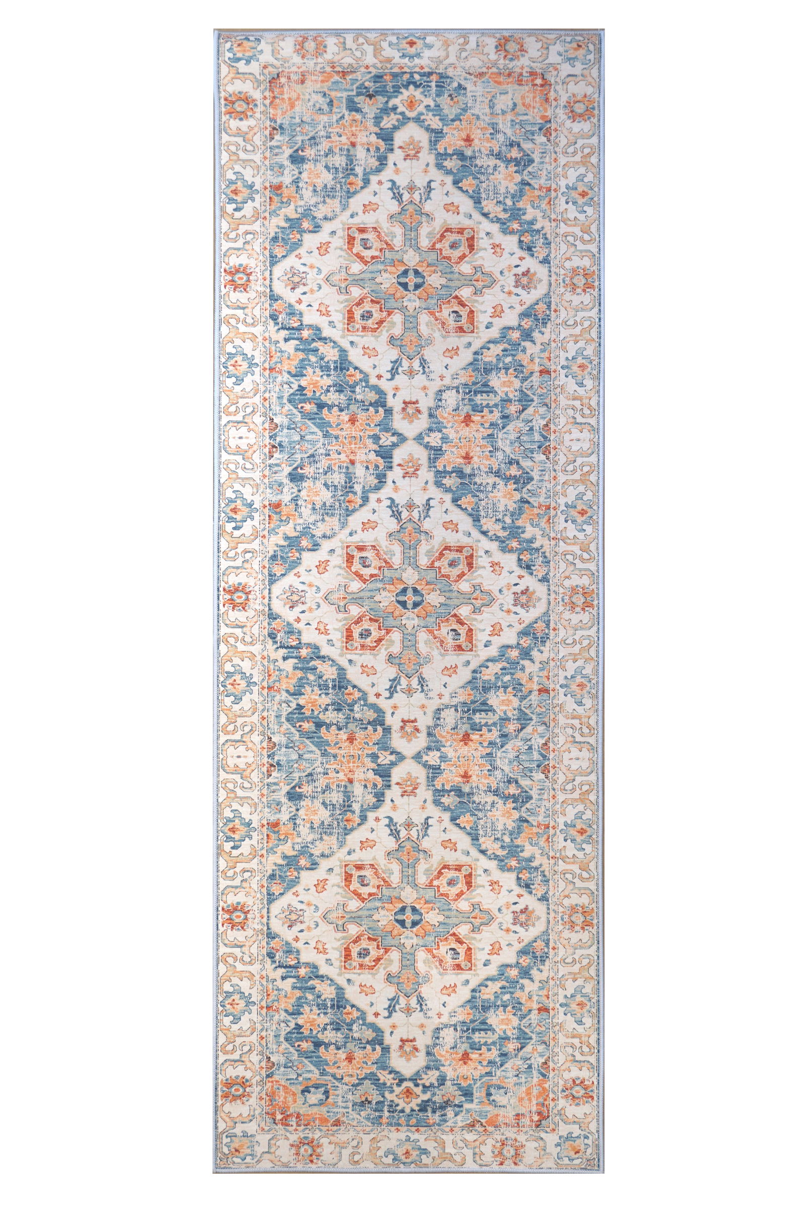 3X8 Modern Distressed Heriz Machine Washable Runner (2'6" x 8'): Machine Washable Approximate Dimensions: 2'6" x 8' Origin: China Field Color: Ivory Border Color: Ivory Accent Colors: Blue, Rust, Light-Green, Orange SKU: 96.41-01.16.23-3X8-4-AN172