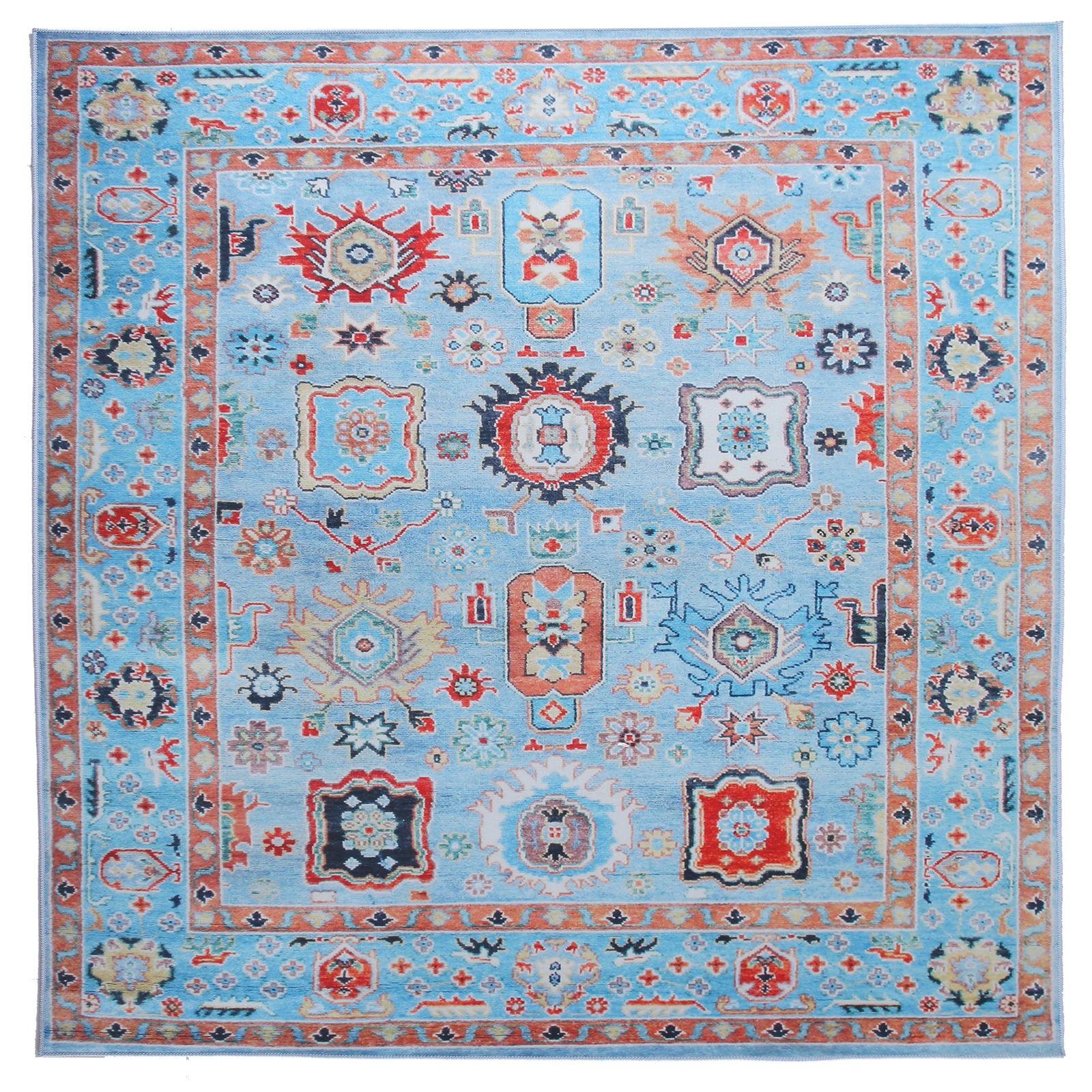 8X8 Square Modern Blue Oushak Machine Washable Rug: Machine Washable Approximate Dimensions: 8' x 8' Origin: China Field Color: Blue Accent Colors: Red, Navy, Ivory SKU: 96.58-01.16.23-8X8-12-AN189