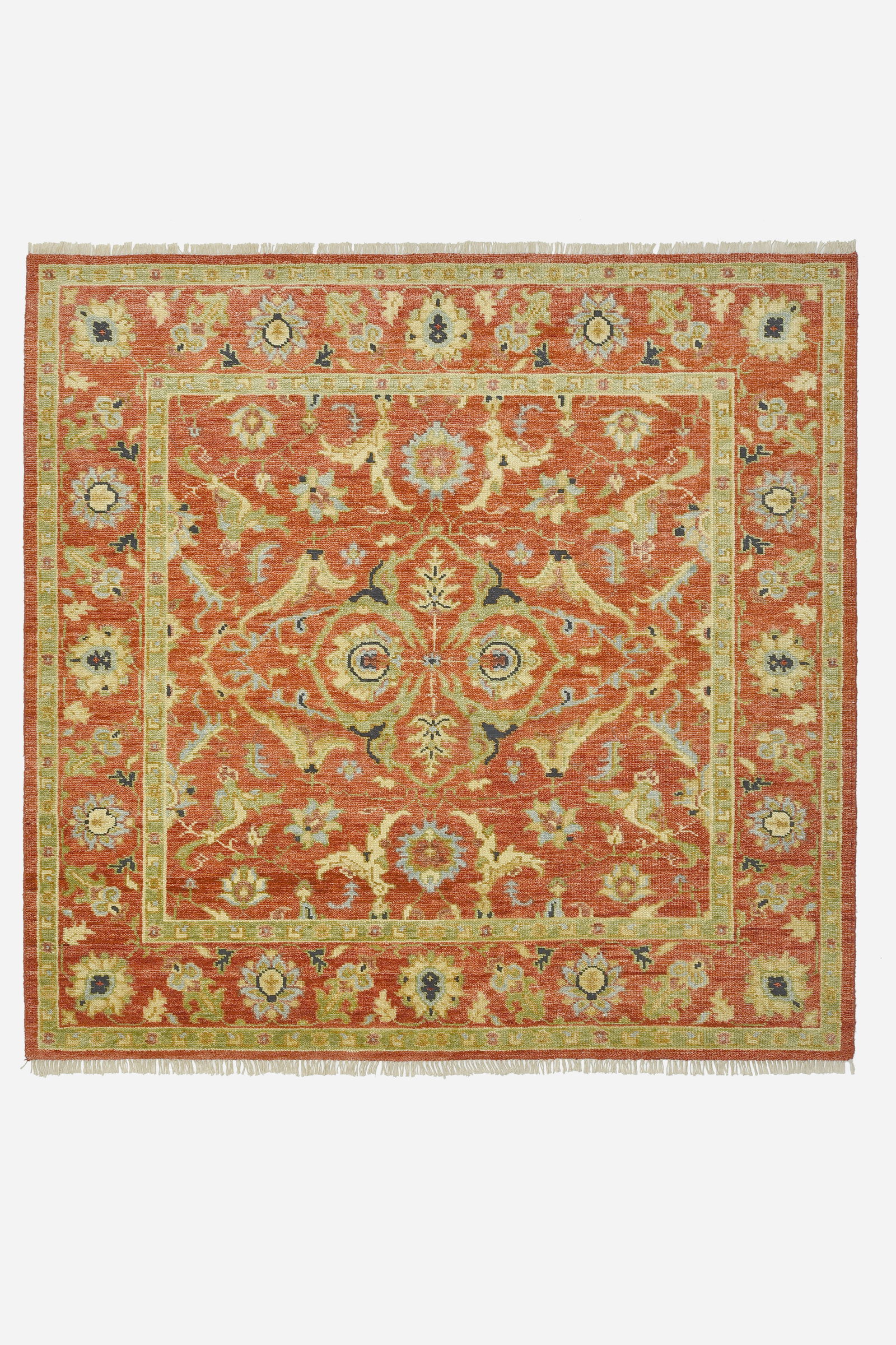 8X8 Square Heriz Hand-Knotted Wool Area Rug: 8X8 Hand-knotted wool pile on a cotton foundation. Origin: India New Field Color: Rust Border Color: Rust SKU: 104.05-12.05.23-8X8-AP183