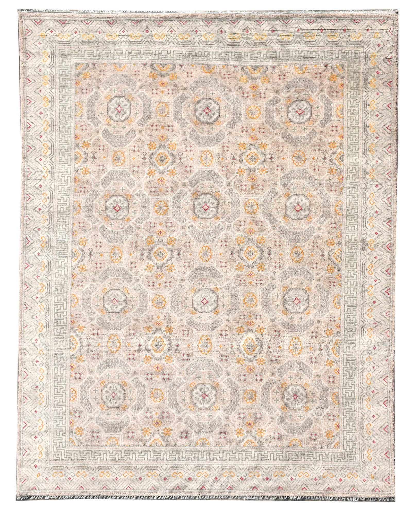 6X9 Khotan Hand-Knotted Wool Pale-Pink Area Rug: Hand-knotted wool pile on a cotton foundation. Dimensions: 6' x 9' New Origin: India Field Color: Pale-Pink Border Color: Ivory Accent Colors: Turmeric, Red, Brown SKU: 111.03-11.12.24-6X9-30-AQ