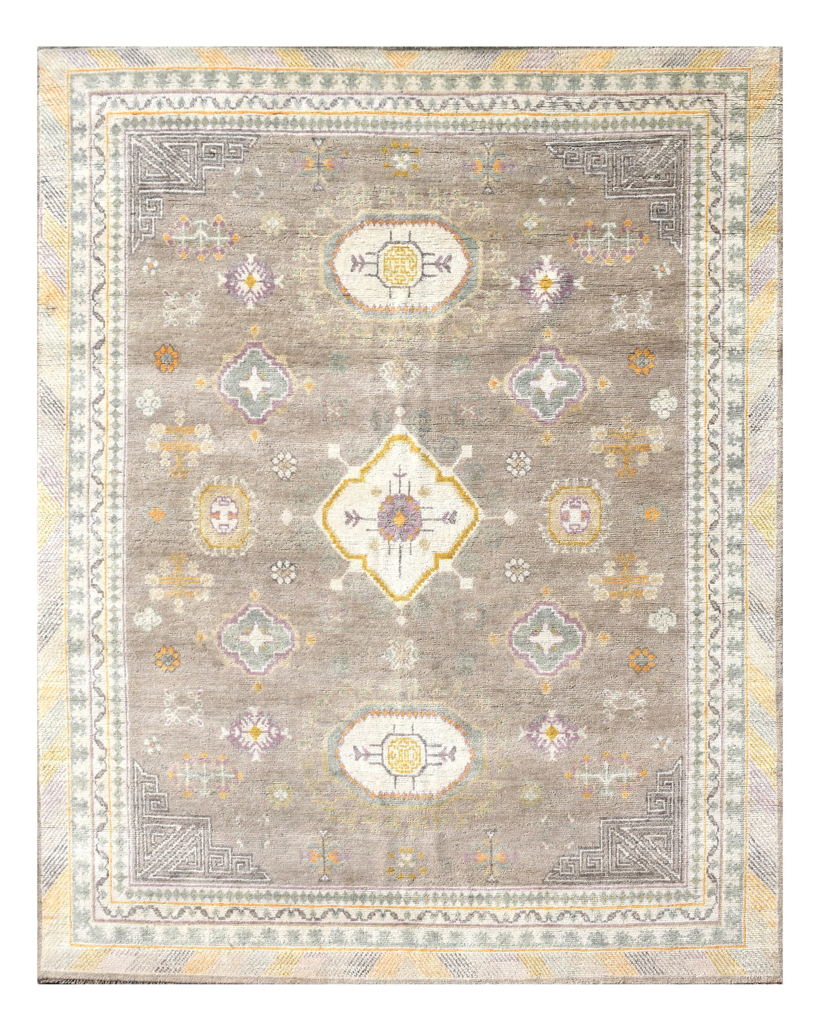 8X10 Khotan Hand-Knotted Wool Area Rug: Hand-knotted wool pile on a cotton foundation. Dimensions: 8'2" x 9'11" New Origin: India Field Color: Brown Border Color: Multicolored Accent Colors: Ivory, Purple, Green, Orange, Yellow, Gray SKU: 1