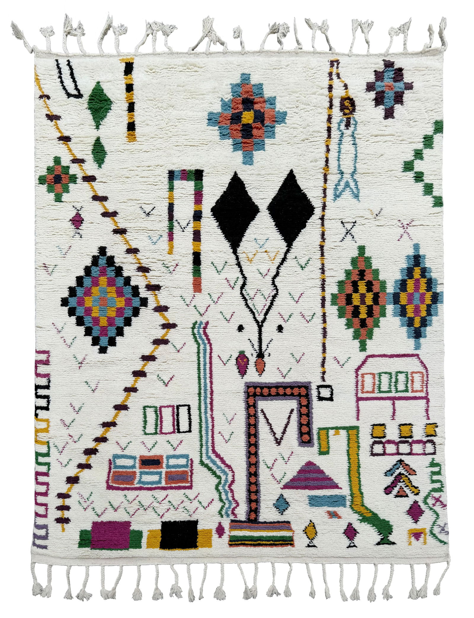 9X12 Modern Moroccan Hand-Knotted Wool Rug: Hand-knotted wool pile on a cotton foundation. 9X12 Origin: India Field Color: Ivory Accent Colors: Black, Blue, Green, Yellow, Purple, Rust SKU: 115.07-01.16.26-9X12-RAF-AR089