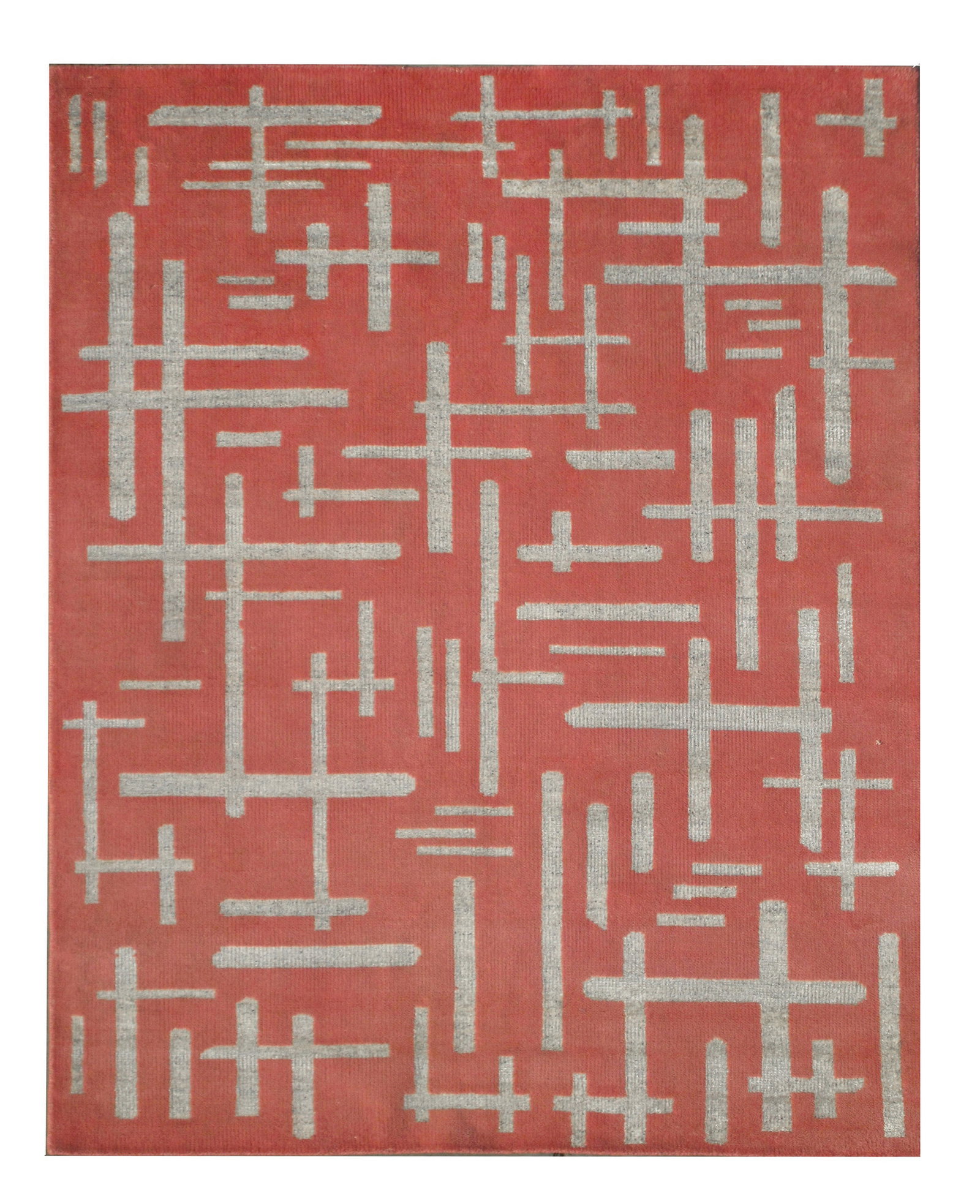6X9 Modern Geometric Area Rug: Hand-knotted wool pile on a cotton foundation. Dimensions: 5'10" x 8'7" Origin: India Field Color: Pink Accent Colors: Speckled Off-White SKU: 71.27-08.14.20-6X9-34-AI190-MEAS