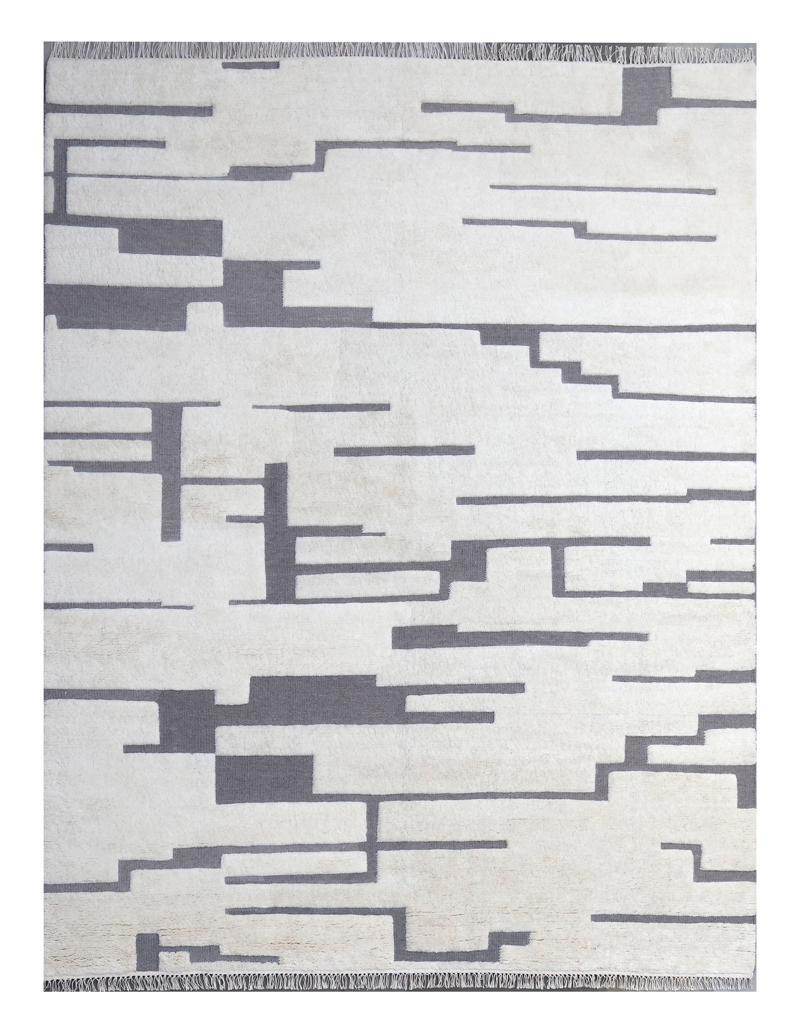 8X10 Fine White & Gray Modern High-Low Hand-Knotted Area Rug: Hand-knotted, high-low wool pile on a cotton foundation. Dimensions: 8X10 New Origin: India Field Color: White Border Color: Gray SKU: 114.03-05.19.25-8X10-AR074