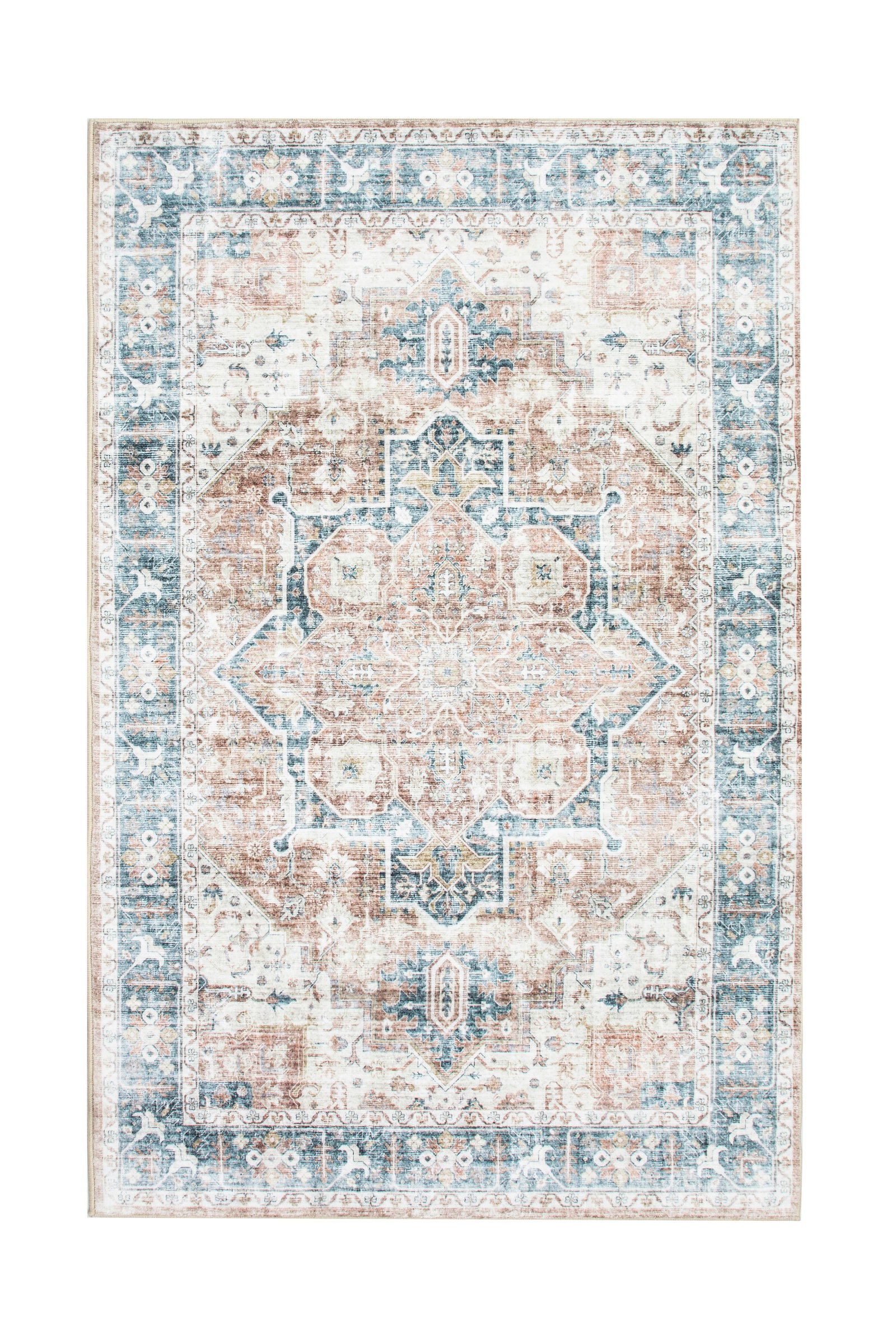 6X9 Heriz Premium 1/4" Pile Ultra Soft Rug with Non-Slip & Padded Backing: Premium ultra soft 1/4" pile with non-slip padded backing. 6X9 New Origin: China Field Color: Ivory Border Color: Blue Accent Colors: Rust, Golden-Brown Tufted art silk pile on a non-slip polyester fo