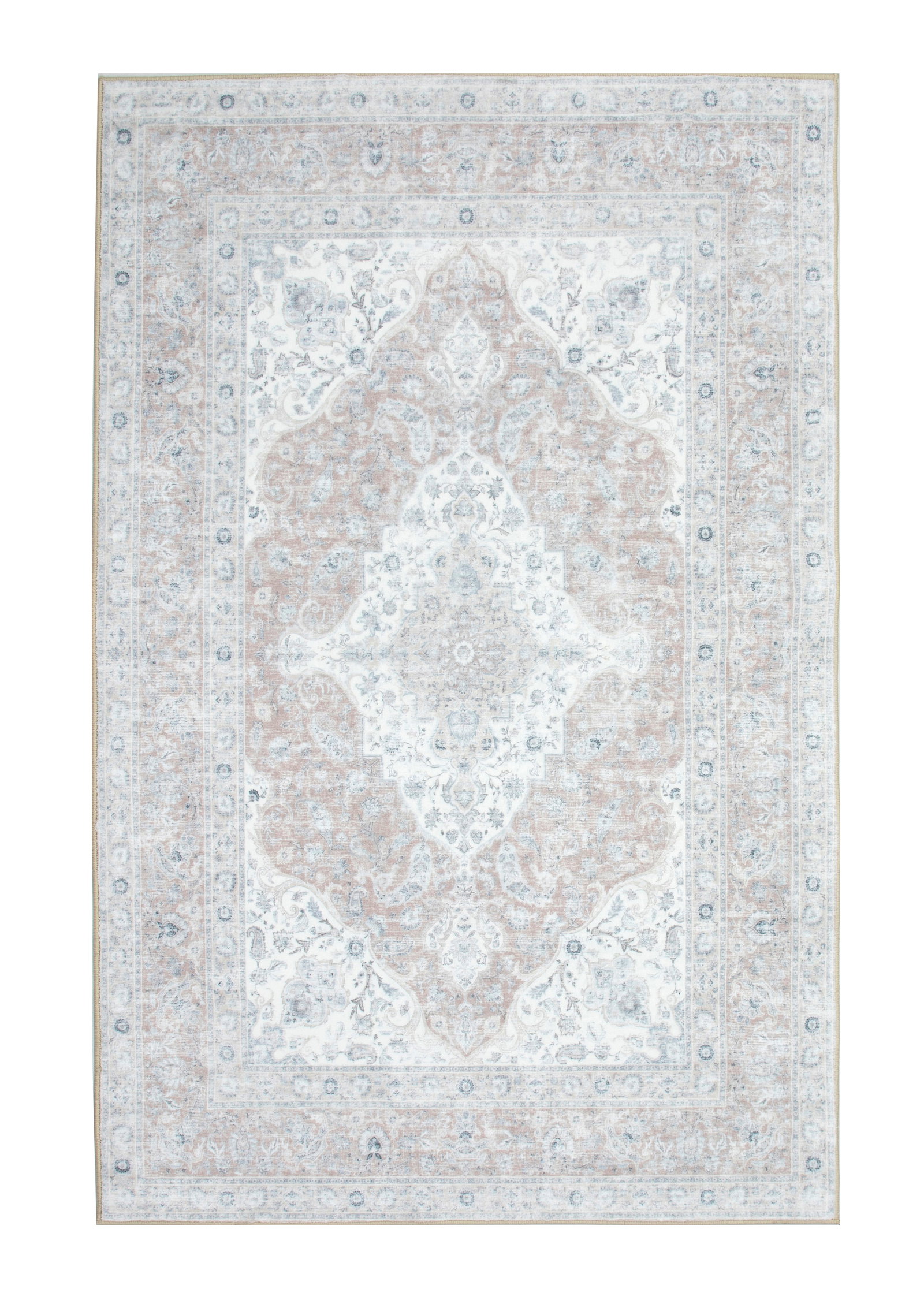 6X9 Tabriz Premium 1/4" Pile Ultra Soft Rug with Non-Slip & Padded Backing: Premium ultra soft 1/4" pile with non-slip padded backing. 6X9 New Origin: China Field Color: Ivory Border Color: Tan Accent Colors: Gray, Beige, Pale Red, Pale Blue Tufted art silk pile on a non-slip