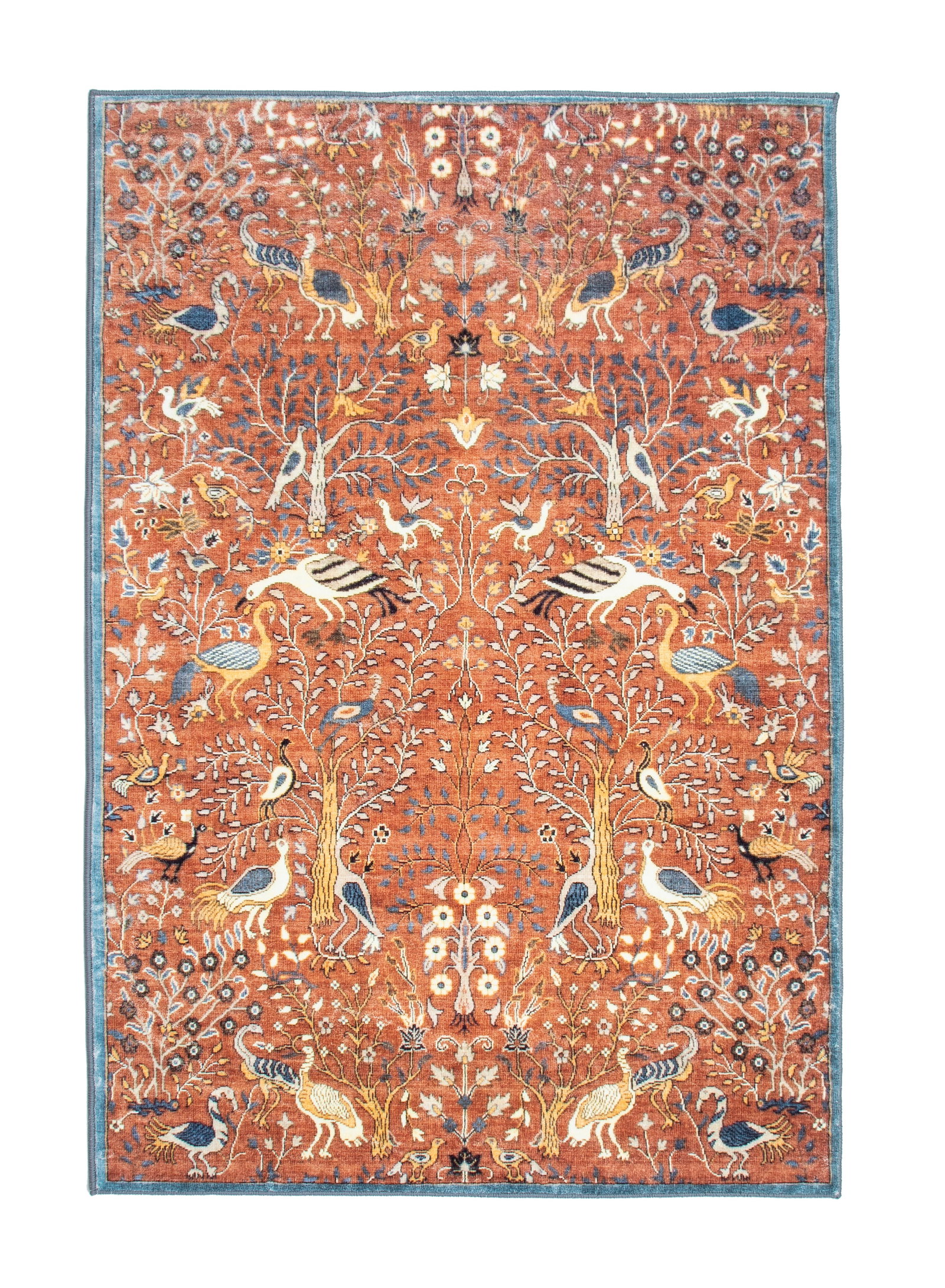 4X6 Burnt-Orange Birds Premium 1/4" Pile Ultra Soft Rug with Non-Slip & Padded Backing: Premium ultra soft 1/4" pile with non-slip and padded backing. 4X6 Origin: China Age: New Condition: Excellent Field Color: Burnt Orange Border Color: Blue Accent Color: Blue, Ivory, Black, Yellow Tuf