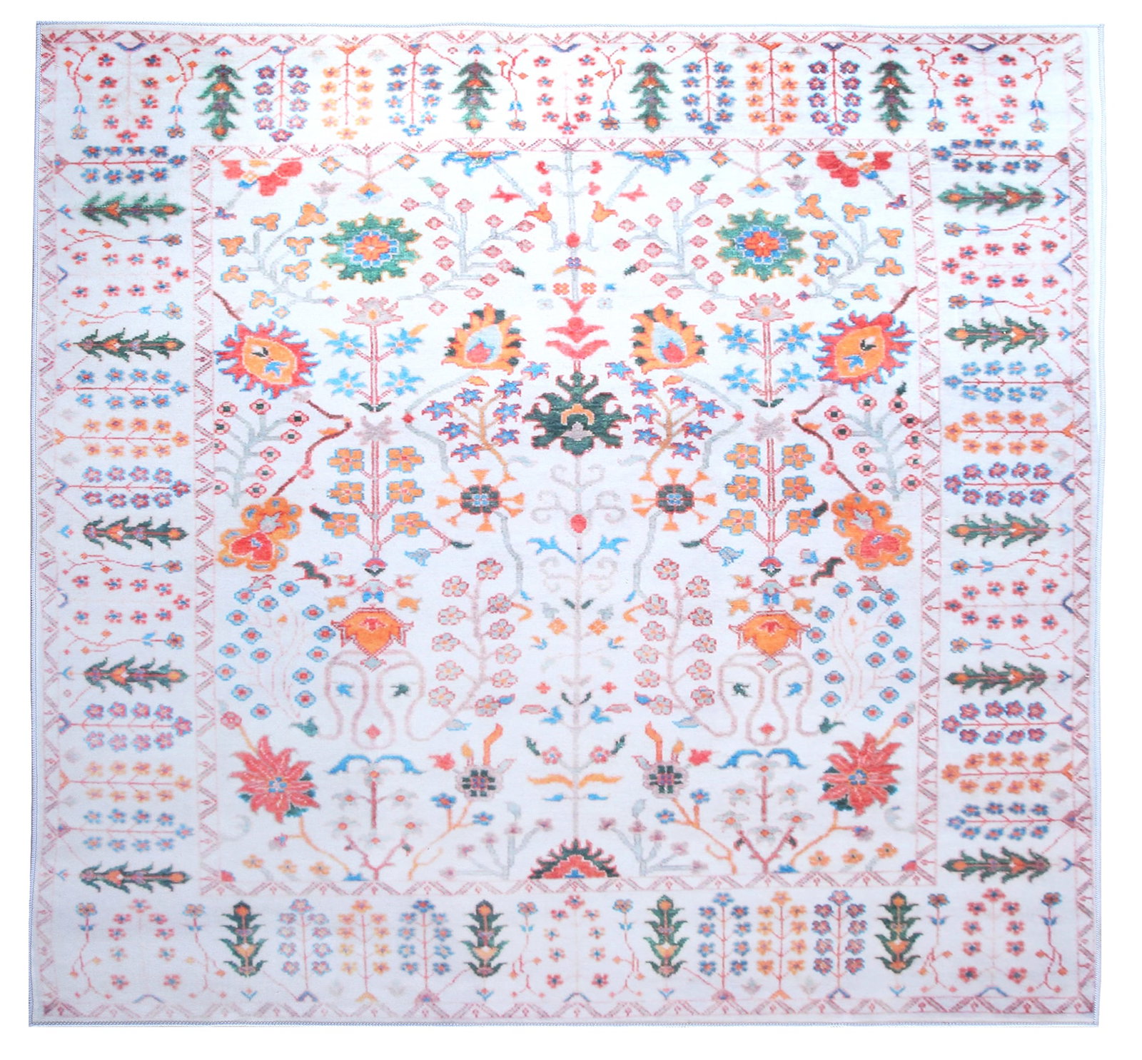 8X8 Squre Modern Ivory Oushak Machine Washable Area Rug: Machine Washable Approximate Dimensions: 8' x 8' Origin: China Field Color: Ivory Border Color: Ivory Accent Colors: Green, Blue, Orange, Red, Gray SKU: 96.16-01.16.23-8X8-12-AN147