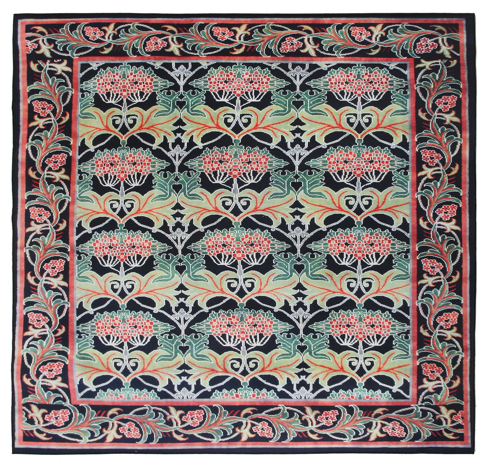 8X8 Square Black William Morris Inspired Machine Washable Rug (1 of 3)