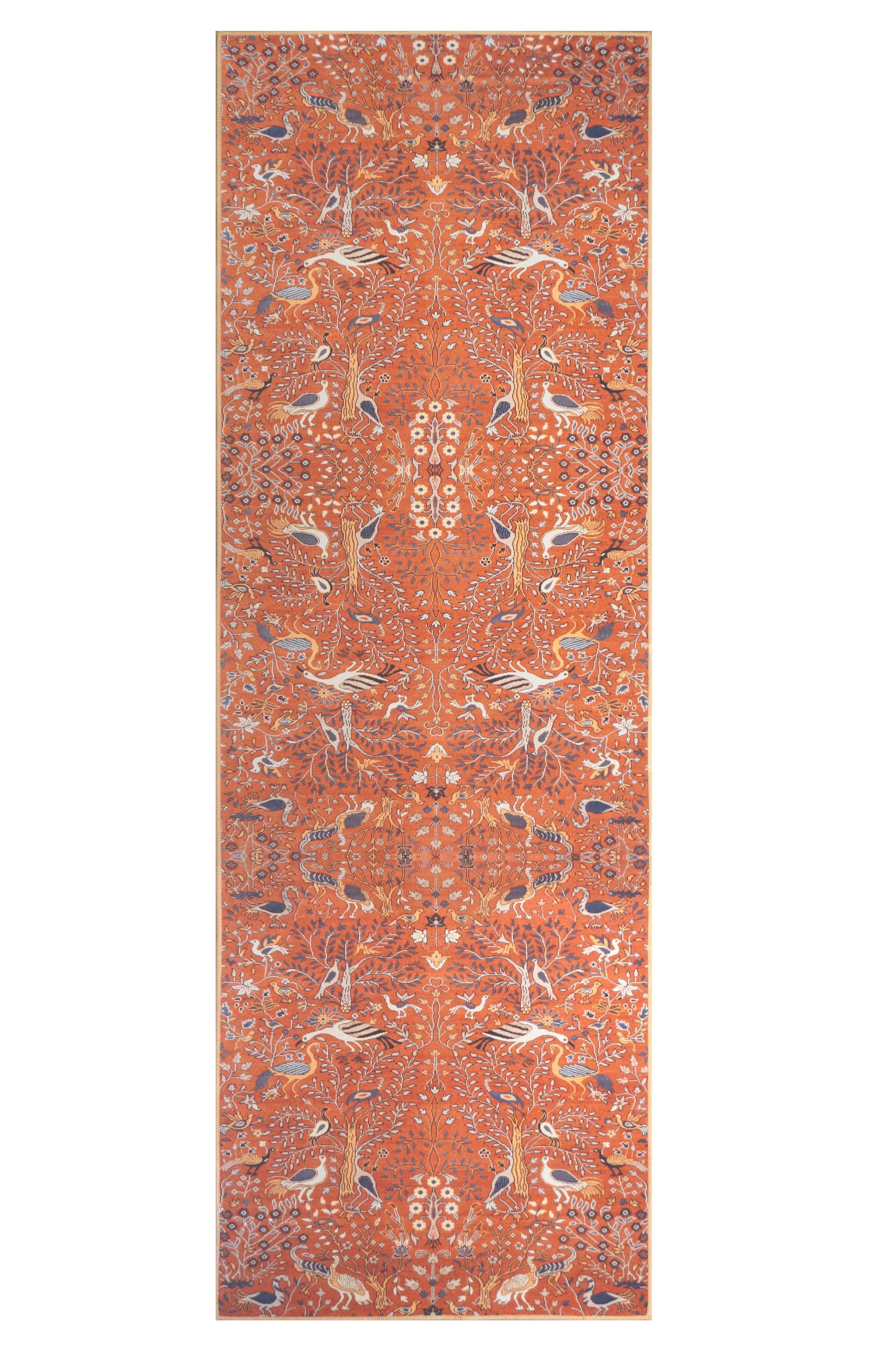 3X8 Modern Burnt-Orange Bird Design Machine Washable Runner (2'6" x 8'): Machine Washable Approximate Dimensions: 2'6" x 8' Origin: China Field Color: Rust-Red Accent Colors: Ivory, Gray, Blue SKU: 96.89-01.16.23-3X8-4-AN220