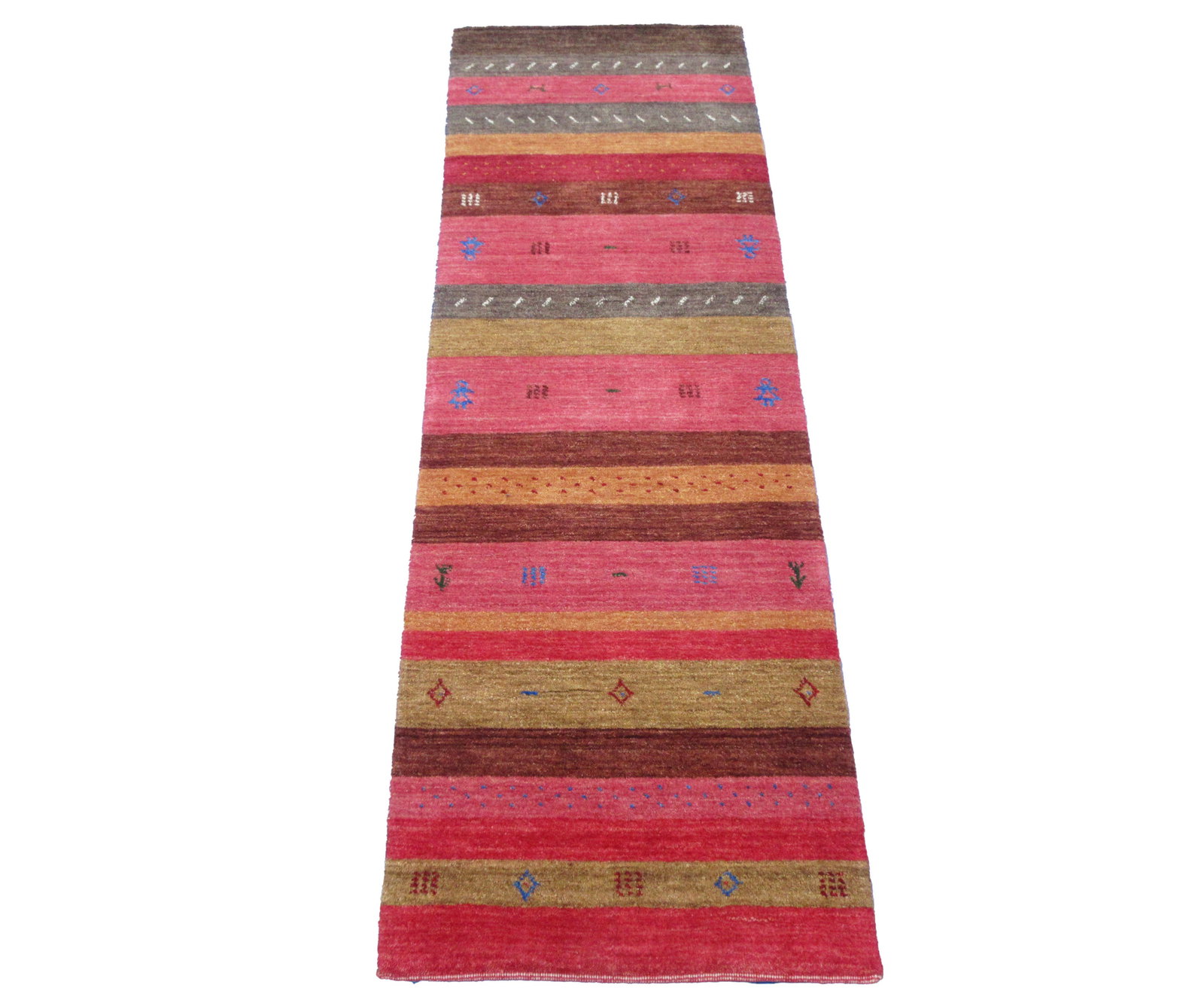 2X8 Lori Gabbeh Handmade Runner with Goat & Girl Design: Handmade, wool pile on a cotton foundation. Goat & Girl Design Approximate Size: 2' x 8' New Origin: India Accent Colors: Raspberry-Red, Red, Gray, Rust, Gold SKU: 89.91-06.22.22-2X8-17-AM243-ETMK
