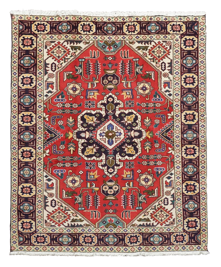 4X6 Fine Vintage Tabriz, circa 1960: Hand-knotted wool pile on a cotton foundation. Circa 1940 Dimensions: 4'5" x 6'2" Origin: Iran Condition: Excellent Field Color: Red Border Color: Black Accent Colors: Beige, Light-Blue, Teal, Khaki, 