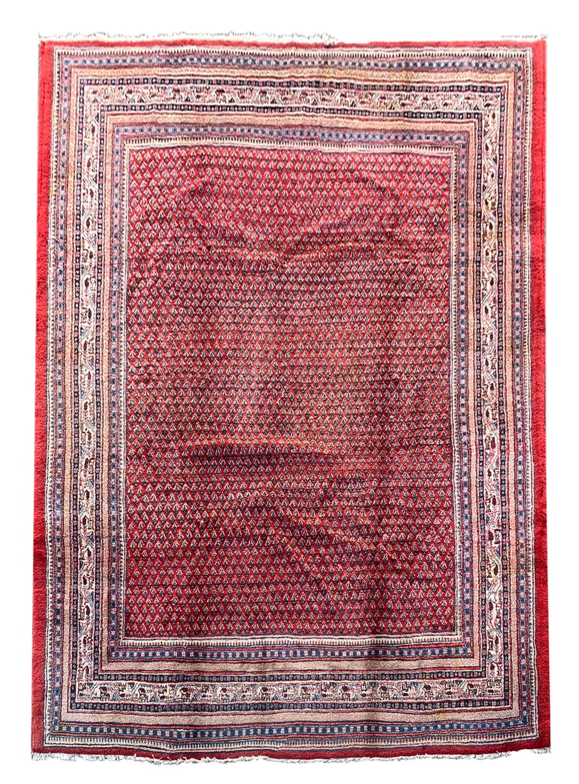 8X11 Estate Persian Saraband Rug, Circa 1970: Hand-knotted wool pile on a cotton foundation. Circa 1970 Dimensions: 8'3" x 10'8" Origin: Iran Condition: Good for its age Field Color: Red Border Color: Ivory Accent Colors: Royal, Black, Pink, Gold