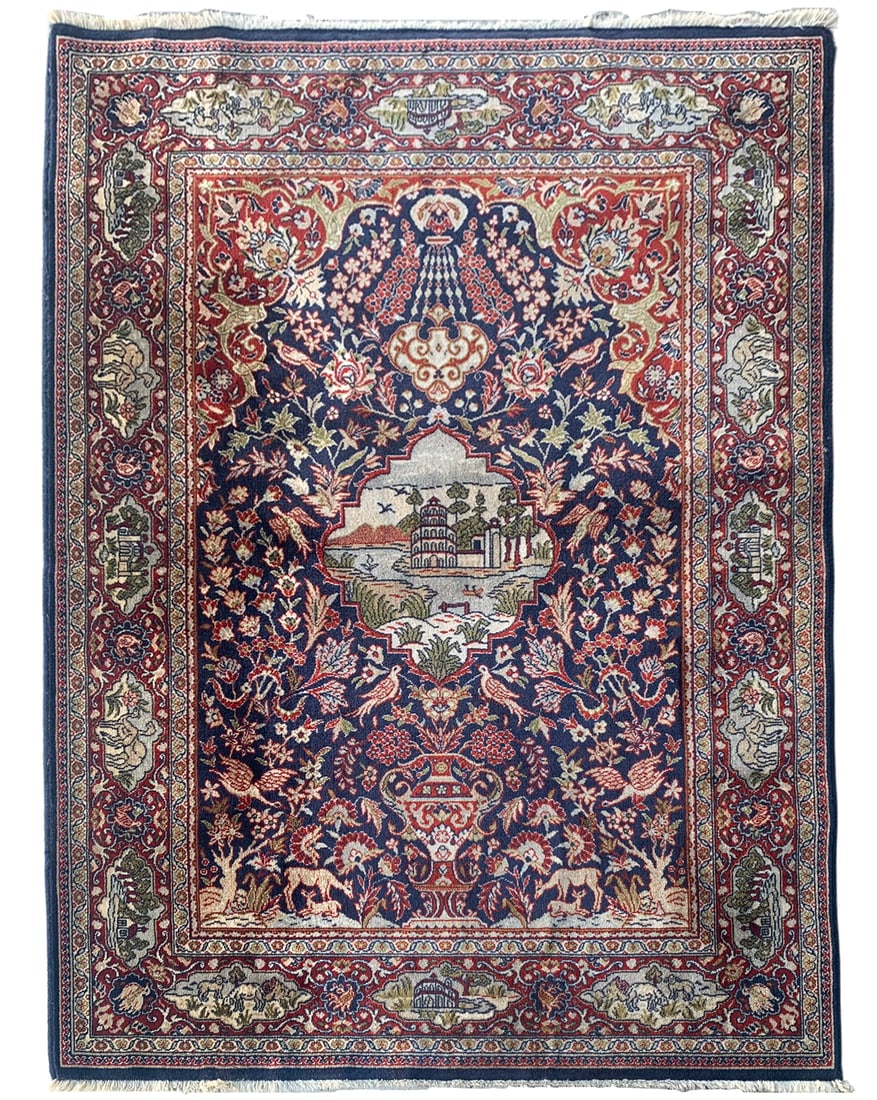 4X5 Estate Turkish Lamb Rug, Circa 1940: Hand-knotted wool pile on a cotton foundation. Circa 1940 Dimensions: 3'9" x 5'4" Origin: Turkey Condition: Excellent for its age Field Color: Navy Border Color: Red Accent Colors: Ivory, Olive SKU: 1