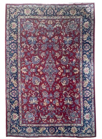7X10 Estate Persian Tabriz Rug, Circa 1960: Hand-knotted wool pile on a cotton foundation. Circa 1960 Dimensions: 7'3" x 10'1" Origin: Iran Condition: Good for its age Field Color: Burgundy Border Color: Navy-Blue Accent Colors: Beige, Light