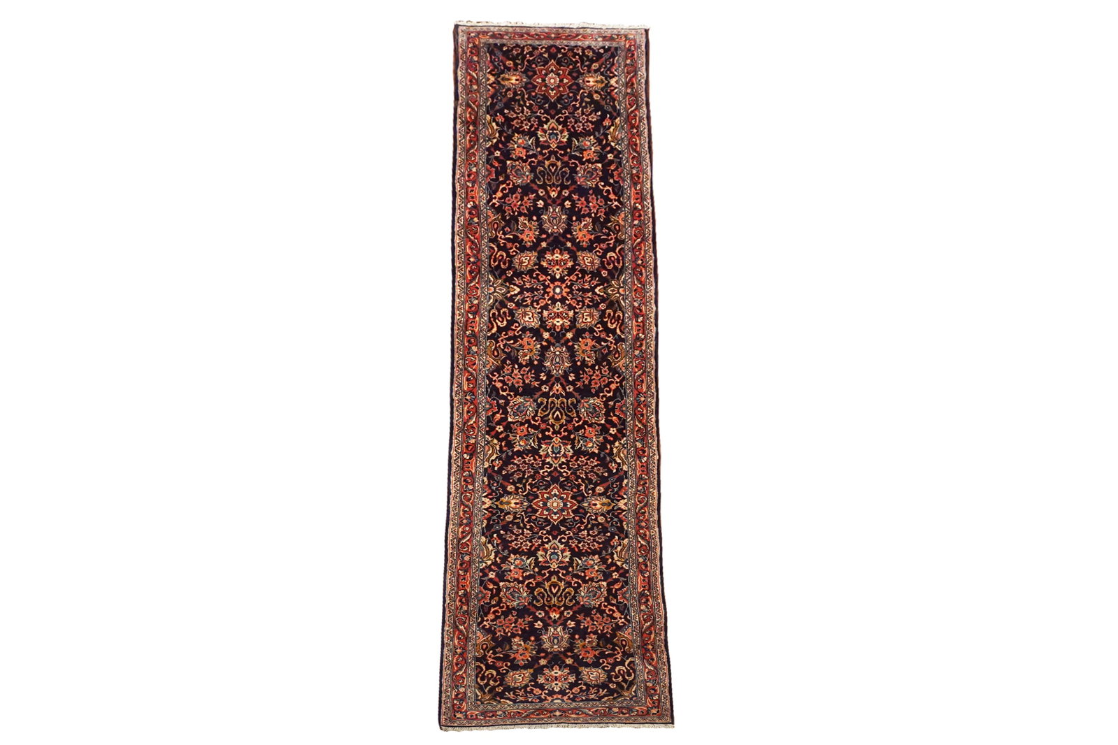 2X13 Vintage Sarouq Runner, circa 1960: Hand-knotted wool pile on a cotton foundation. Circa 1960 Dimensions: 2'5" x 13'1" Origin: Iran Condition: Excellent Field Color: Midnight-Blue Border Color: Rust Accent Colors: Ivory, Dusty-Rose, Roy