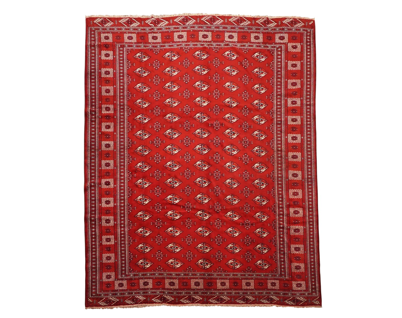 11X13 Vintage Turkoman Bukhara Rug, circa 1970: Hand-knotted wool pile on a cotton foundation. Circa 1970 Dimensions: 10'7" x 12'9" Origin: Iran Condition: Excellent Field Color: Burgundy Border Color: Ivory Accent Colors: Cherry-Red, Black SKU: 50