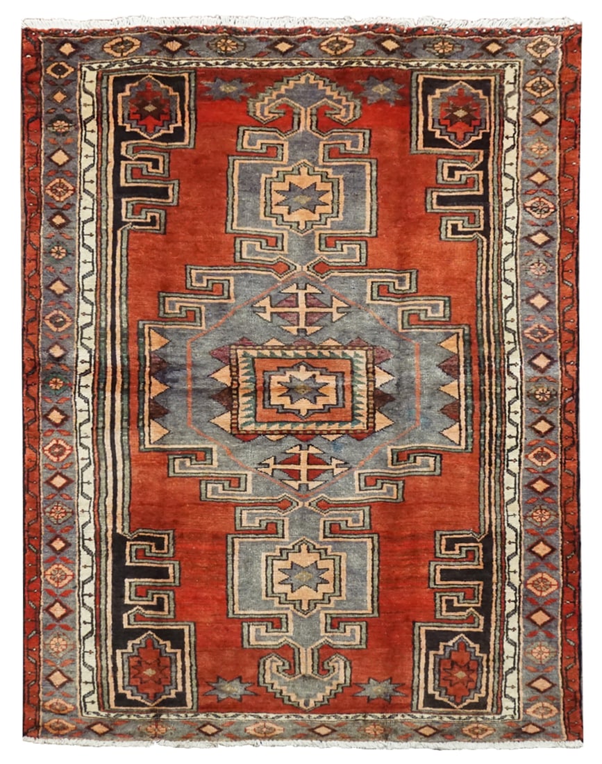 4X7 Persian Antique Serapi Sarab: Hand-knotted abrash wool pile on a cotton foundation. Circa 1940 Dimensions: 3'11" x 6'6" Origin: Iran Condition: Excellent Field Color: Rust-Red Border Color: Gray Accent Colors: Black, Ivory,