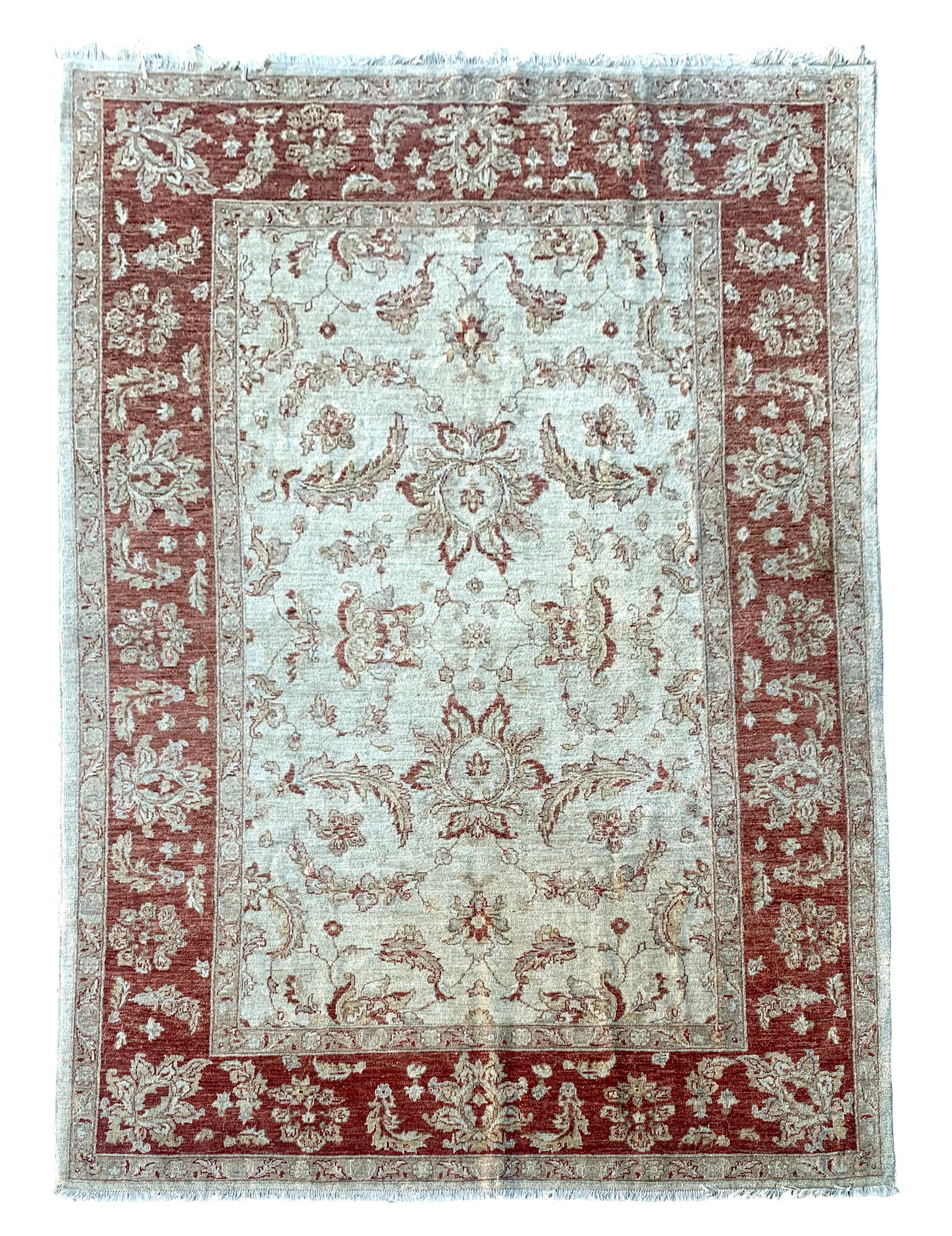 7X10 Pak Chobi Estate Hand-Knotted Rug: Hand-knotted wool pile on a cotton foundation. Circa 2000 Dimensions: 6'11" x 10' Origin: Pakistan Condition: Excellent for its age Field Color: Beige Border Color: Rust Accent Colors: Light-Brown<