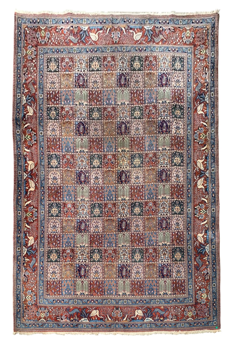 8X11 Estate Persian Bakhtiari Rug, Circa 1970: Hand-knotted wool pile on a cotton foundation. Circa 1970 Dimensions: 8' x 11' Origin: Iran Condition: Good for its age Field Color: Multicolored Border Colors: Rust Accent Colors: Light-Blue Ivory, G