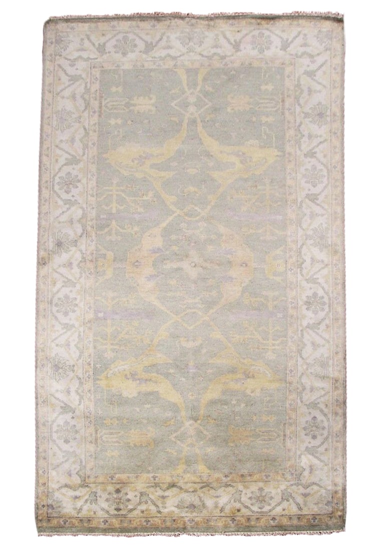 5X10 Fine Oushak Hand-Knotted Gallery Runner: Hand-knotted, vegetable dyed wool pile on a cotton foundation. Dimensions: 5'2" x 9'10" Origin: India Field Color: Green Border Color: Ivory Accent Color: Gold, Gray SKU: 24.443-12.05.14-5X10-31-H231