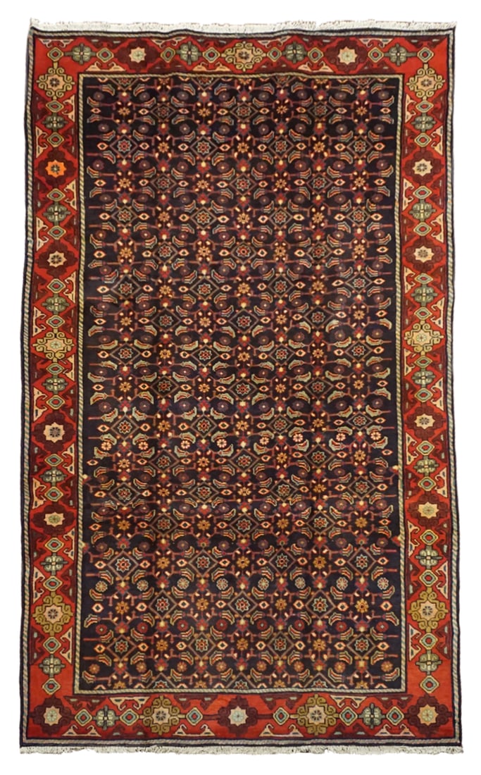 5X10 Persian Mahal Herati Fish Gallery Runner, circa 1940: Hand-knotted wool pile on a cotton foundation. Circa 1940 Dimensions: 5'1" x 10' Origin: Iran Condition: Excellent Field Color: Navy-Blue Border Color: Rust Accent Colors: Light-Blue, Ivory, Gold, Bur