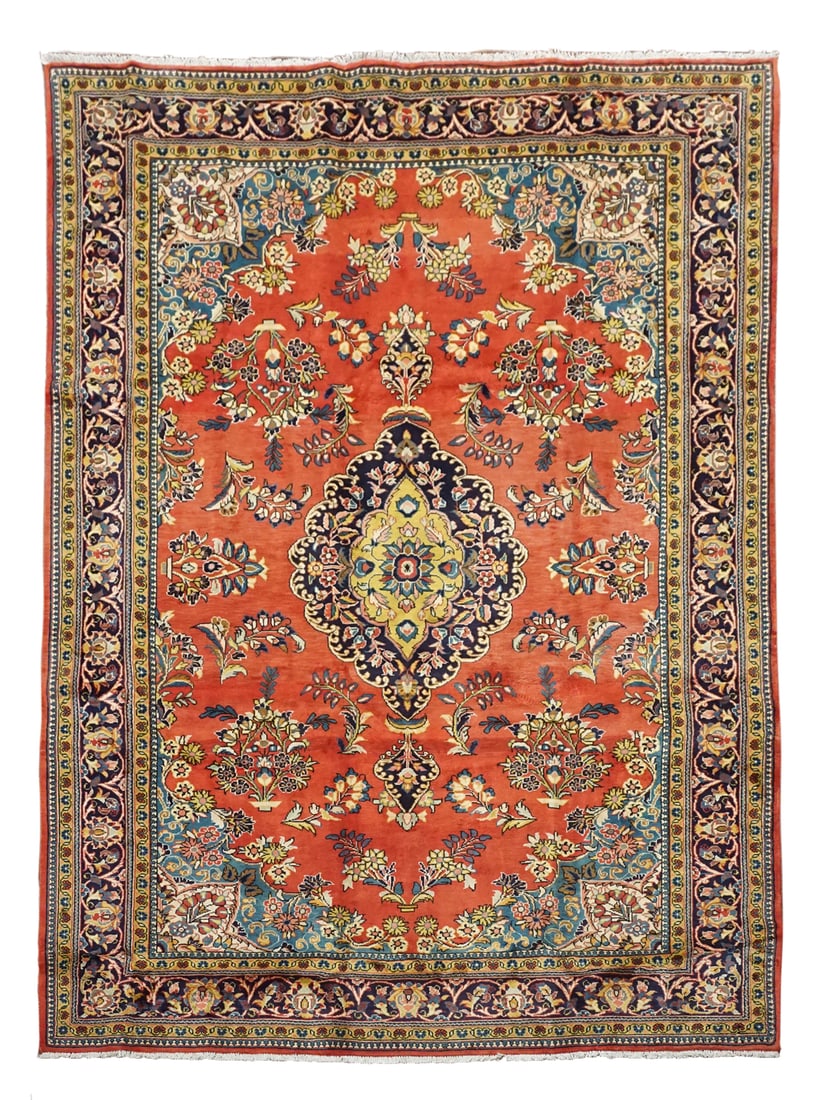 7X11 Antique Sarouk, circa 1940: Hand-knotted wool pile on a cotton foundation. Circa 1940 Dimensions: 7' x 11' Condition: Excellent for its age Origin: Iran Field Color: Rust-Red Border Color: Midnight-Blue Accent Colors: Light-Blue