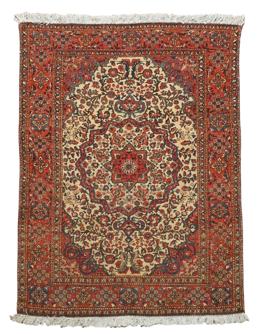 5X7 Antique Persian Isfahan Rug, circa 1900: Hand-knotted wool pile on a cotton foundation. Circa 1900 Dimensions: 4'6" x 7' Origin: Iran Condition: Good for its age Field Color: Light-Brown Border Color: Rust-Red Accent Colors: Royal-Blue, Ligh