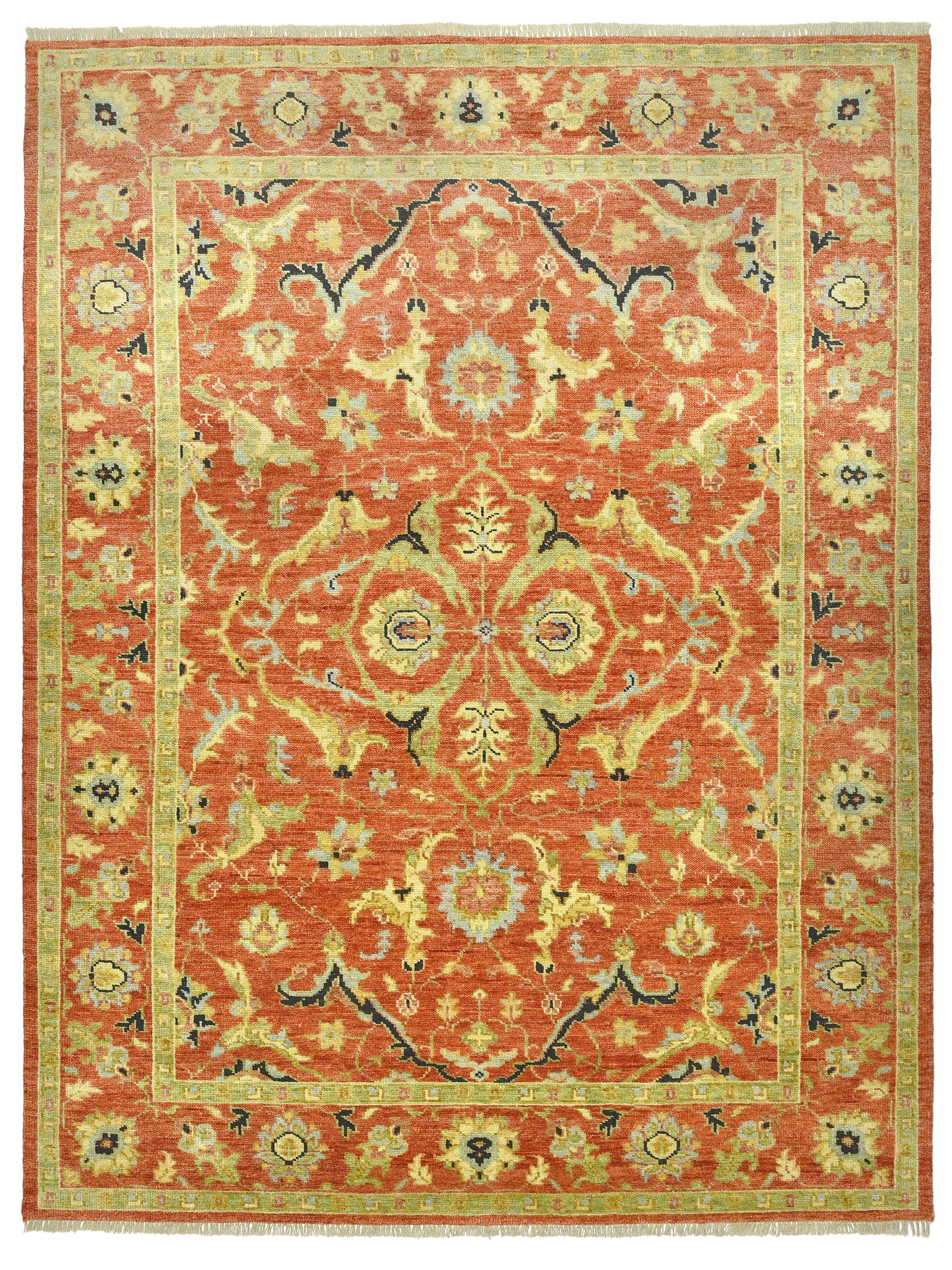 9X12 Heriz Hand-Knotted Wool Area Rug: 9X12 Hand-knotted wool pile on a cotton foundation. Origin: India New Field Color: Rust Border Color: Rust SKU: 104.01-12.05.23-9X12-AP179