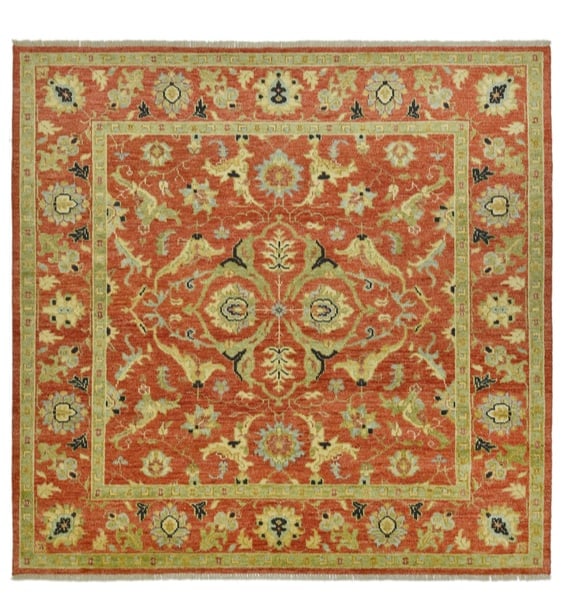 10X10 Square Heriz Hand-Knotted Wool Area Rug: 10X10 Hand-knotted wool pile on a cotton foundation. Origin: India New Field Color: Rust Border Color: Rust SKU: 104.06-12.05.23-10X10-AP184