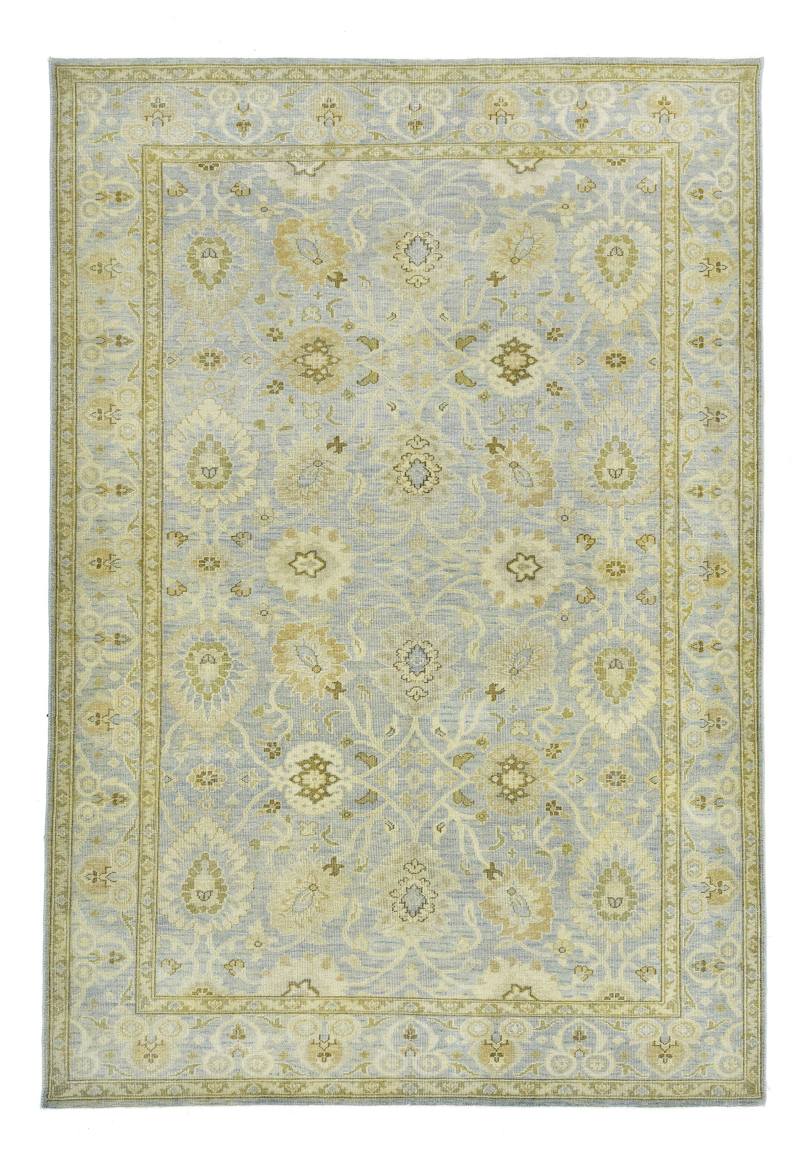 6X9 Light-Blue Hand-Knotted Wool: 6X9 Hand-knotted wool pile on a cotton foundation. Origin: India New Field Color: Light-Blue SKU: 104.09-12.05.23-6X9-AP187