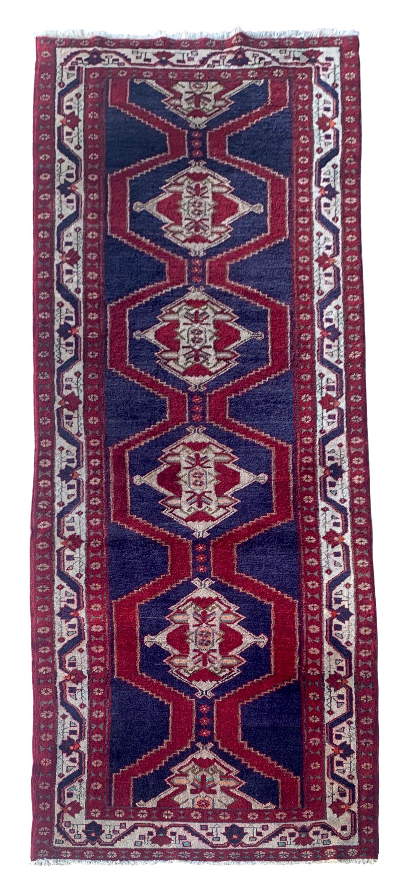 4X10 Estate Persian Tribal Geometric Runner, Circa 1970: Hand-knotted wool pile on a cotton foundation. Circa 1970 Dimensions: 3'8" x 10'2" Origin: Iran Condition: Excellent for its age Field Color: Navy-Blue Border Color: Ivory Accent Colors: Red
