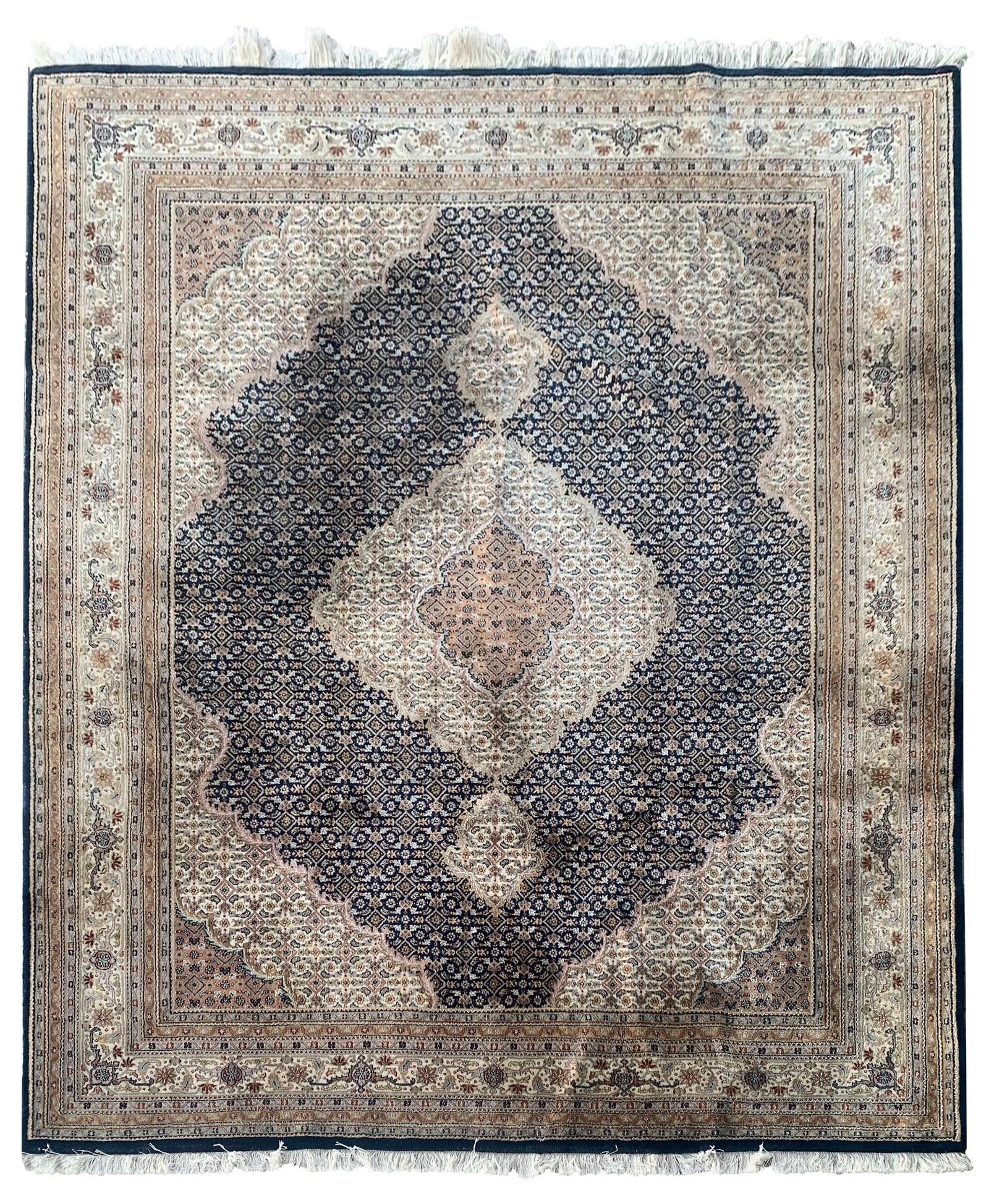 8X10 Estate Tabriz Mahi Rug, Circa 1990: Hand-knotted wool pile on a cotton foundation. Circa 1990 Dimensions: 8'2" x 10'2" Origin: India Condition: Excellent for its age Field Color: Midnight-Blue Border Color: Beige Accent Colors: Brown