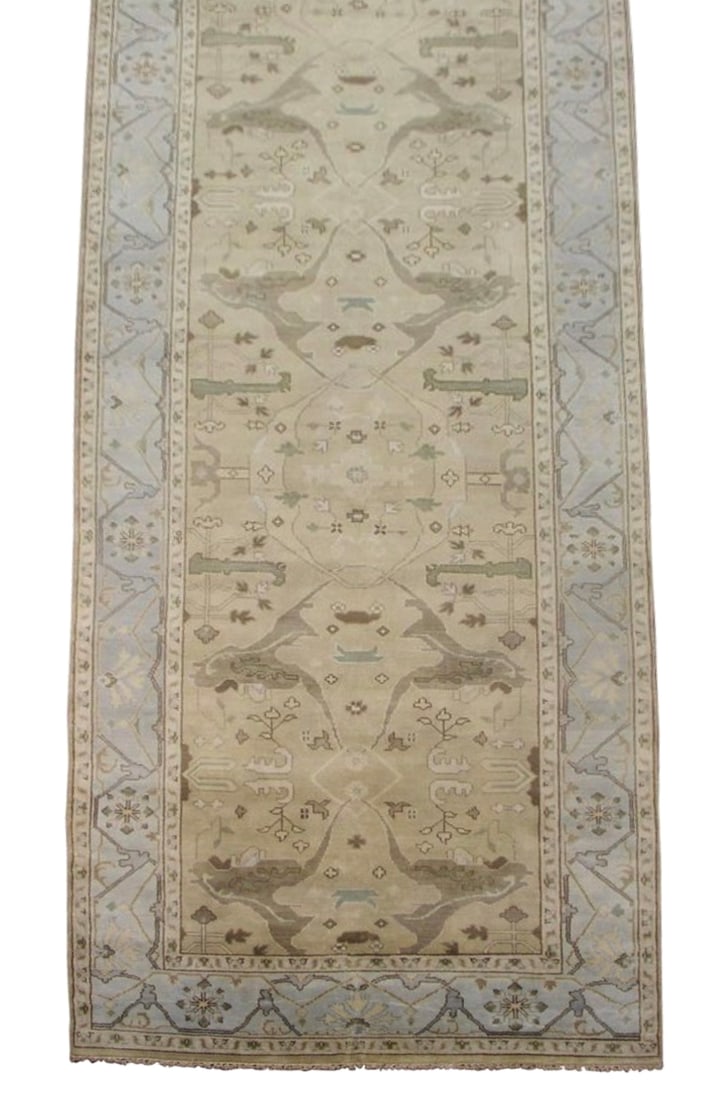 6X18 Oushak Hand-Knotted Gallery Runner: Hand-knotted, vegetable dyed wool pile on a cotton foundation. Dimensions: 6' x 17'7" Origin: India Field Color: Camel Border Color: Pale-Blue Accent Color: Brown, Hunter-Green SKU: 11.33-06.06.14-6X1