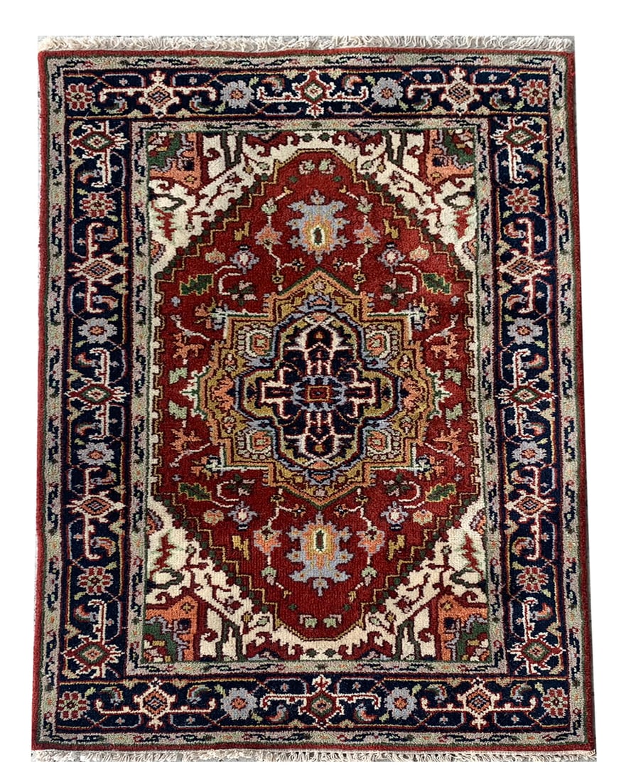 3X5 Heriz Rust Hand-Knotted Area Rug: Hand-knotted wool pile on a cotton foundation. Dimensions: 3'1" x 5'1" New Origin: India Field Color: Rust Border Color: Black Accent Color: Ivory, Green, Gold, Beige, Orange SKU: H7C3-04.26.24-3X5-15