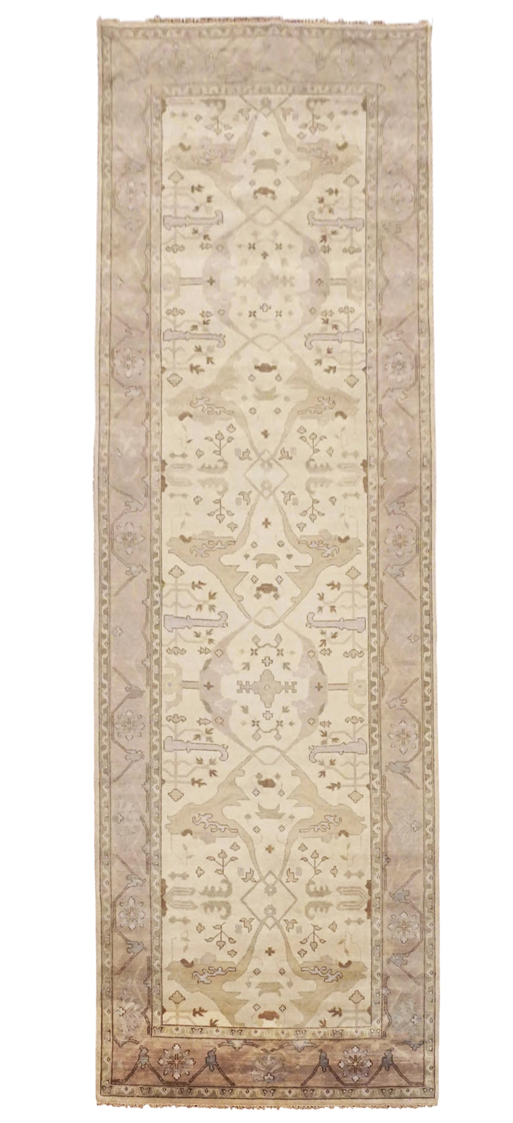 6X18 Oushak Gallery Runner Vegetable Dyed Wool Rug: 6'1" x 17'11" Country of Origin: India Age: New Condition: Excellent Field Color: Light-Gold Border Color: Light-Brown Accent Color: Light-Green, Gray, Gold Technique: Hand-Woven & Vegetable-Dyed Pile