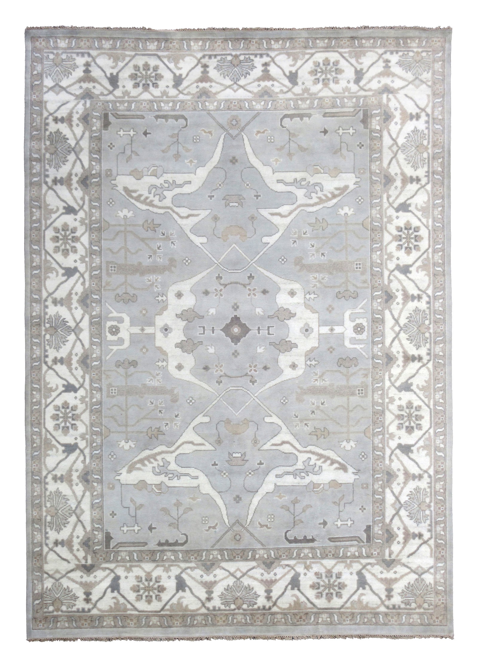10X14 Silver Oushak Hand-Knotted Wool Rug: Hand-knotted, wool pile on a cotton foundation. Dimensions: 9'11" x 13'9" Origin: India Field Color: Silver Border Color: Ivory Accent Colors: Brown SKU: 88.22-03.02.22-10X14-70-AM061-ETMK