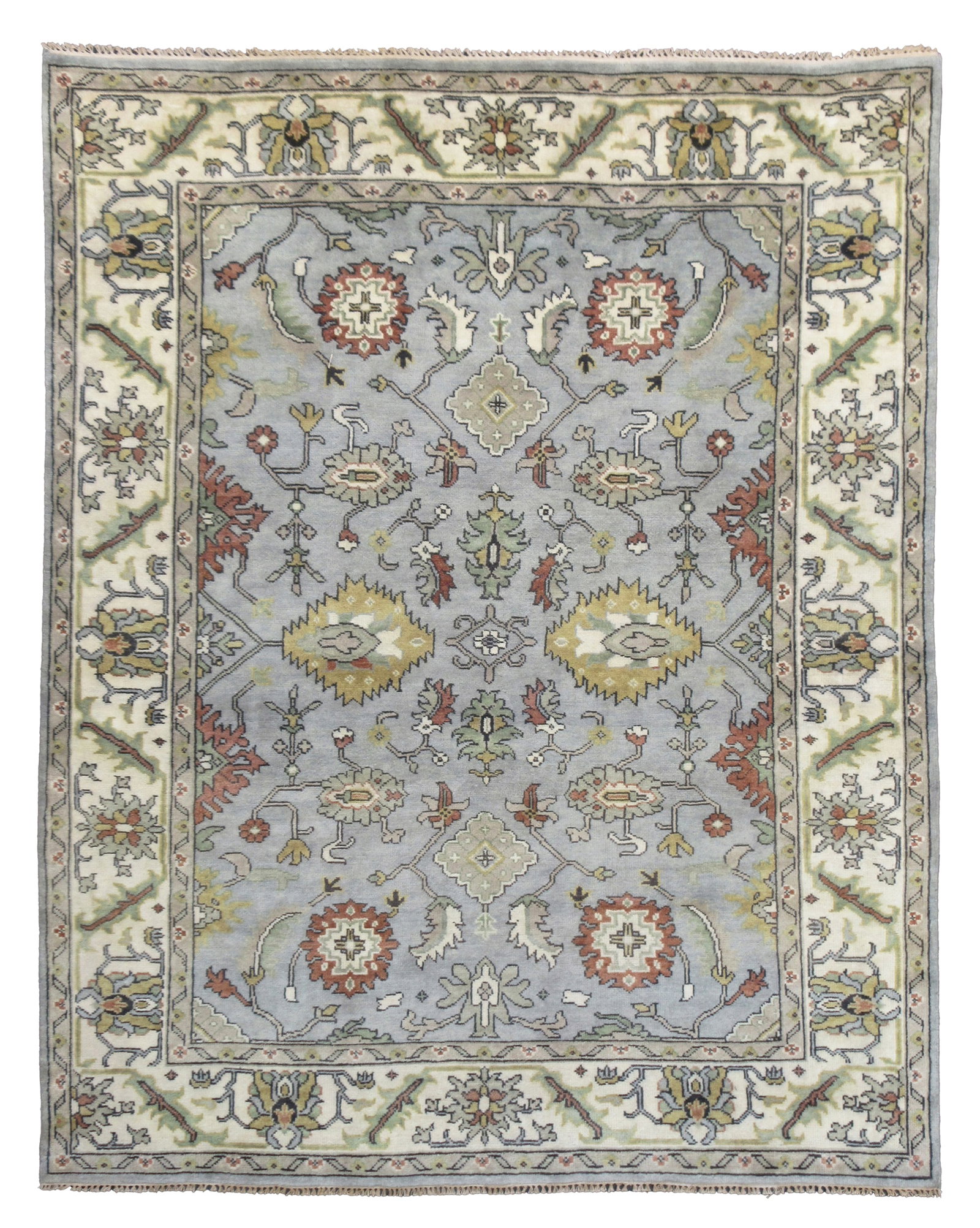 9X11 Light-Blue Oushak Hand-Knotted Wool Rug: Hand-knotted, wool pile on a cotton foundation. Dimensions: 8'11" x 11'4" New Origin: India Field Color: Light-Blue Border Color: Ivory Accent Colors: Rust, Green, Gray SKU: 88.95-03.02.22-9X11-61-AM1