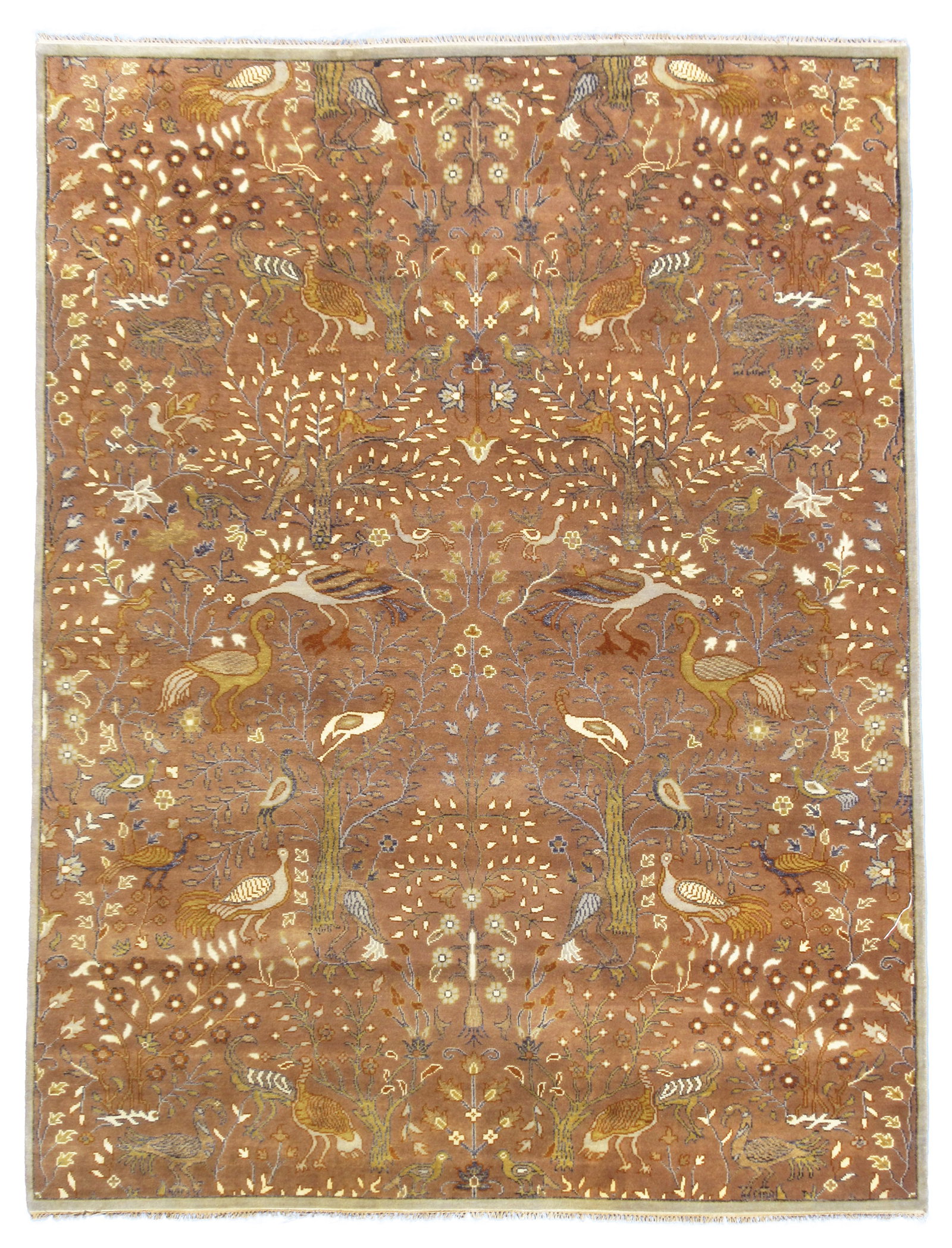 10X14 Brown Birds Design Hand-Knotted Wool Rug: Hand-knotted, wool pile on a cotton foundation. Dimensions: 9'11" x 13'10" Origin: India Field Color: Brown Border Color: Beige Accent Colors: Light-Mustard SKU: 89.78-06.22.22-10X14-94-AM230