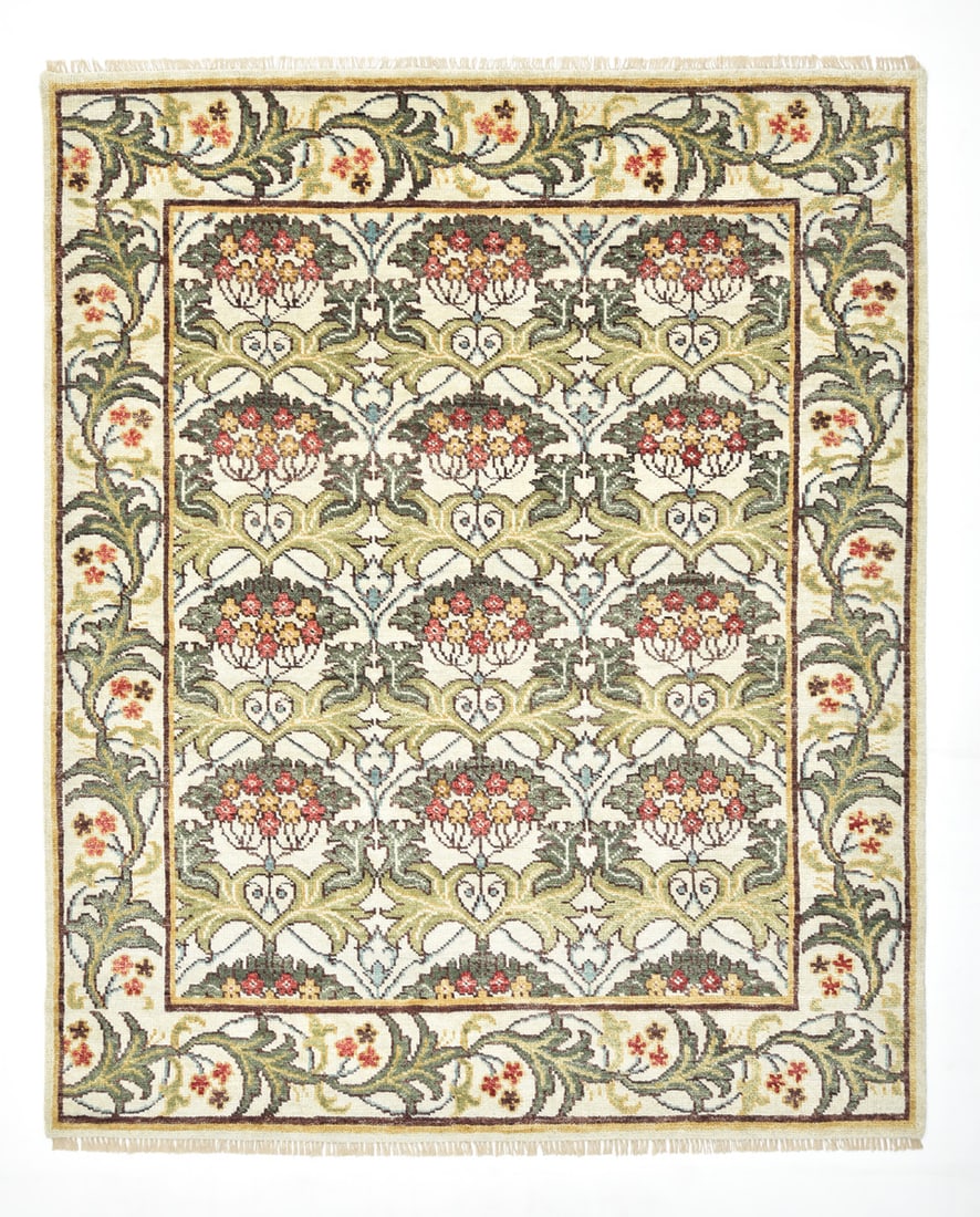 10X14 Ivory William Morris Inspired Area Rug: Hand-knotted, wool pile on a cotton foundation. Please contact us for exact sizes Origin: India Field Color: Ivory Border Color: Ivory Accent Colors: Light-Green, Dark-Green, Gold, Brown, Light-Blue S
