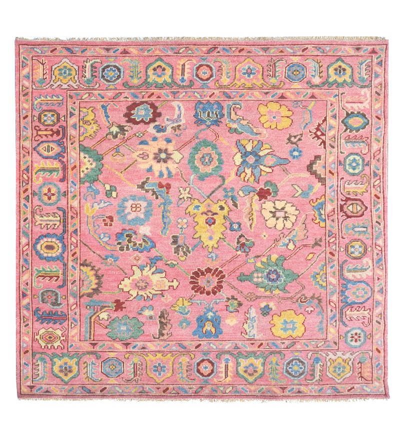 10X10 Pink Square Oushak Hand-Knotted Wool Rug: Hand-knotted, wool pile on a cotton foundation. 10X10 New Origin: India Field Color: Pink Border Color: Pink Accent Color: Blue, Ivory, Brown, Red, Green SKU: 103F.17-R26-09.28.23-10X10-63-AP164