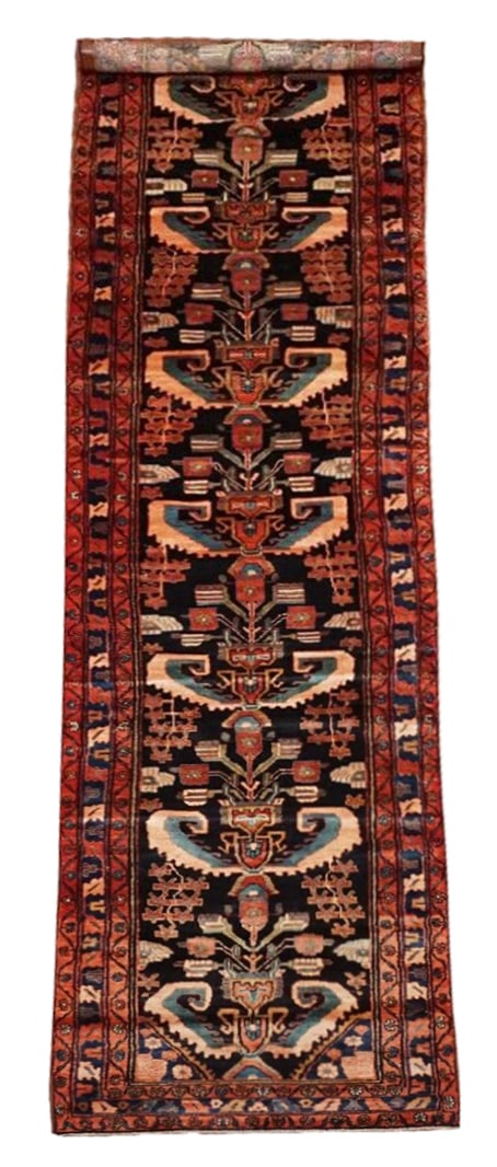 3X16 Vintage Unusual Persian Malayer Runner, circa 1940: Hand-knotted wool pile on a cotton foundation. Circa 1940 Dimensions: 3'5" x 15'10" Origin: Iran Condition: Excellent Field Color: Midnight-Blue Border Color: Navy-Blue Accent Colors: Ivory, Light-Blu