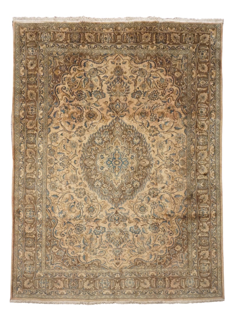 8X11 Vintage Mashad Rug, circa 1950: Hand-knotted wool pile on a cotton foundation. Circa 1950 Dimensions: 7'10" x 10'10" Origin: Iran Condition: Excellent with low pile Field Color: Pale-Mauve Border Color: Brown Accent Colors: Light-Bl
