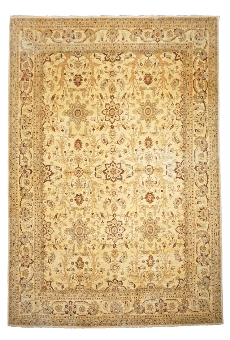 13X17 Chobi Peshawar Hand-Knotted Wool Carpet: Size: 12'9" x 17'3" Country of Origin: Pakistan Age: New Condition: Excellent Field Color: Gold-Ivory Border Color: Gold-Ivory Accent Color: Olive-Green, Light-Blue, Brown, Gold, Plum Technique: Hand-