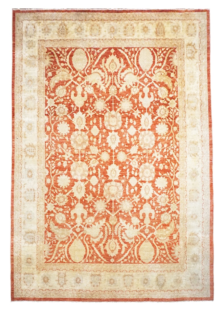 13X17 Oversize Pak Chobi Peshawar Rug, circa 2000: Size: 13' x 17'3" Country of Origin: Pakistan Age: 2000's Condition: Excellent Field Color: Orange-Rust Border Color: Beige Accent Color: Blue, Brown, Peach Technique: Hand-Knotted Pile: Wool Foundati