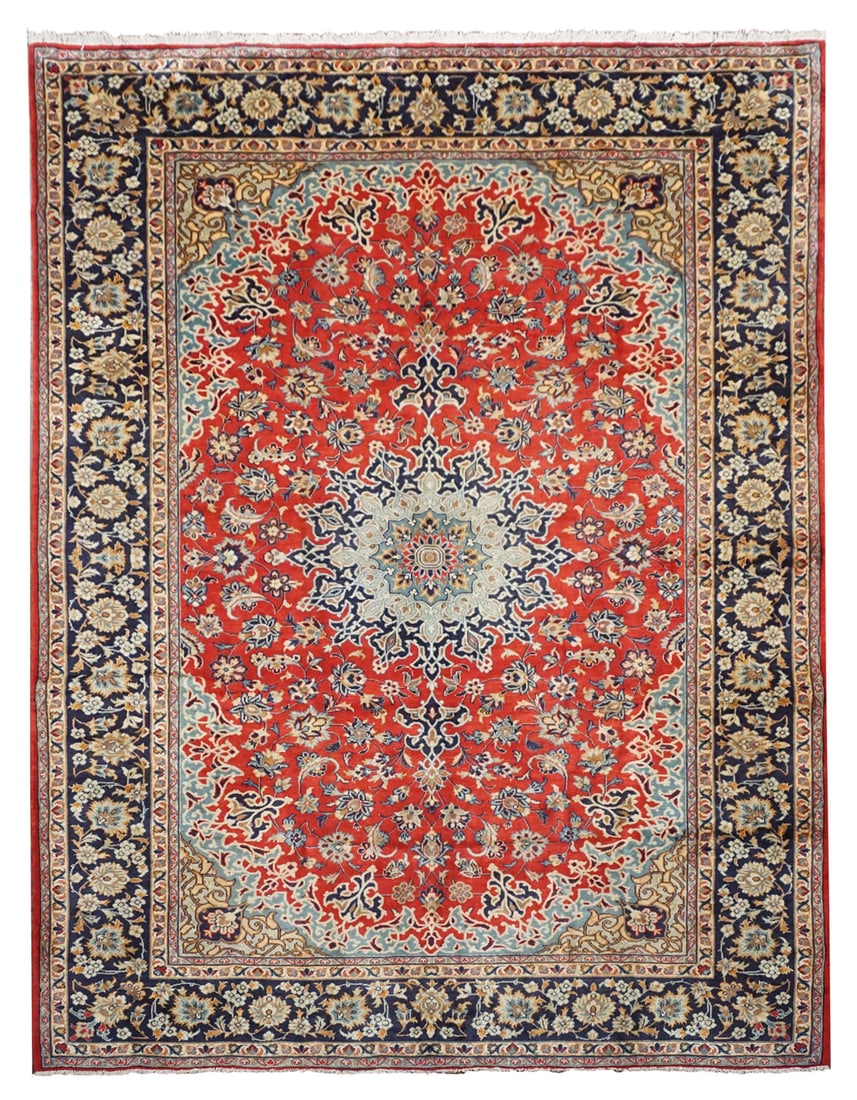 8X11 Antique Persian Isfahan Rug, circa 1940: Hand-knotted wool pile on a cotton foundation. Circa 1940 Dimensions: 8'4" x 11'5" Origin: Iran Condition: Excellent Field Color: Red Border Color: Navy-Blue Accent Colors: Copper, Brown, Light-Gre