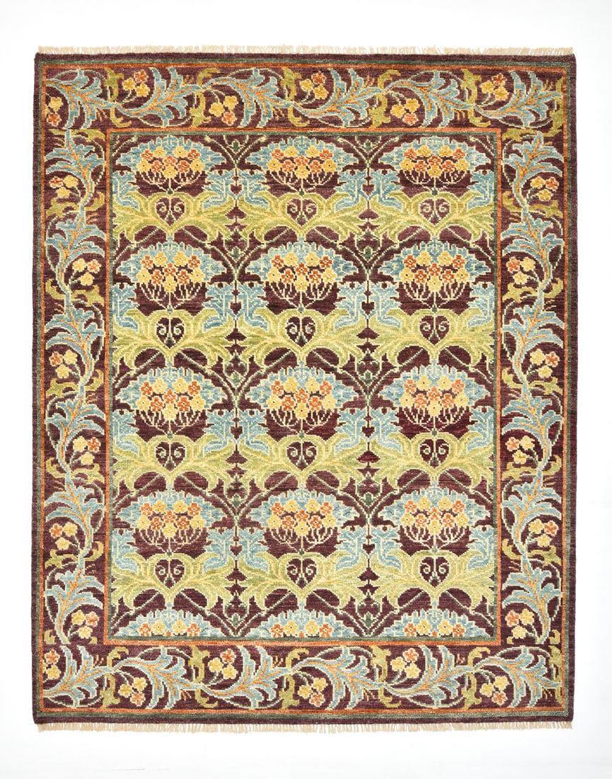 12X18 William Morris Burgundy Inspired Wool Area Rug: 12'2" x 18'3" Hand-knotted wool pile on a cotton foundation. Origin: India New Condition: Excellent Field Color: Burgundy Border Color: Burgundy Accent Colors: Green, Light-Green, Ivory, Yellow, Orang