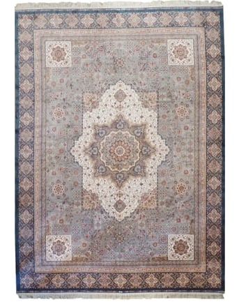 9X12 Hereke Tufted Pure Silk Area Rug, 1000 KPSI: Tufted art silk pile on a art silk foundation. 1000 KPSI New Dimensions: 8'10" x 11'10" Origin: Turkey Field Color: Silver Border Color: Blue Accent Colors: Ivory, Light-Brown, Red SKU: 99.18-05.15.23