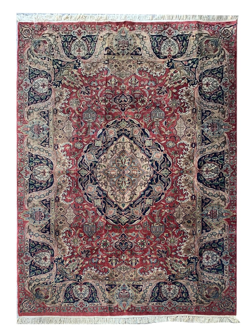 6X10 Estate Persian Kashmar Hand-Knotted Rug, Circa 1970: Hand-knotted wool pile on a cotton foundation. Circa 1970 Dimensions: 6'3" x 10' Origin: Iran Condition: Good for its age Field Color: Red-Rust Border Color: Black Accent Colors: Brown, Light-Blue, Gr