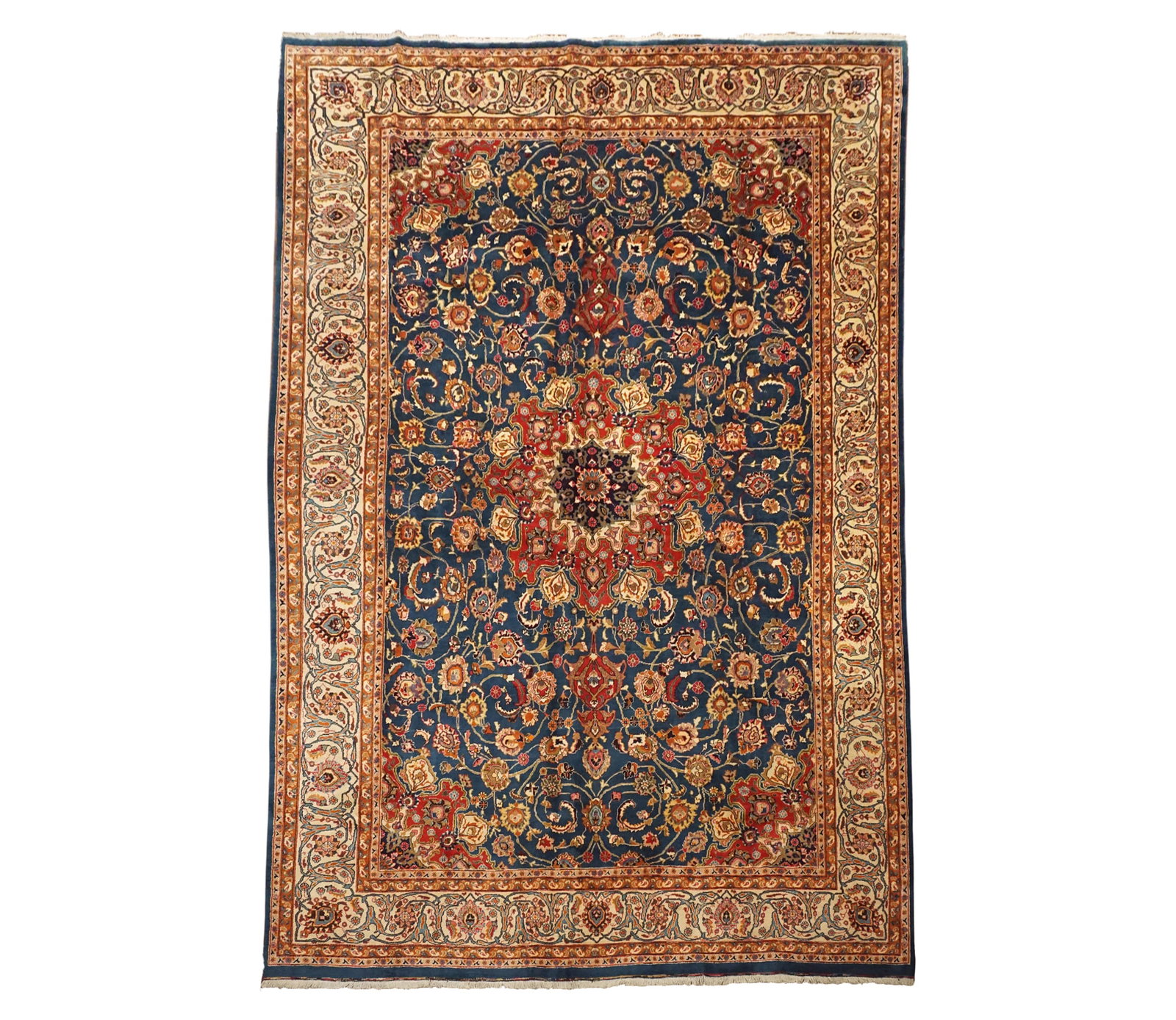 10X14 Fine Persian Isfahan Area Rug, circa 1960: Hand-knotted wool pile on a cotton foundation. Circa 1960 Dimensions: 9'9" x 13'7" Origin: Iran Condition: Excellent Field Color: Royal-Blue Border Color: Beige Accent Colors: Light-Brown, Red, Rust, 
